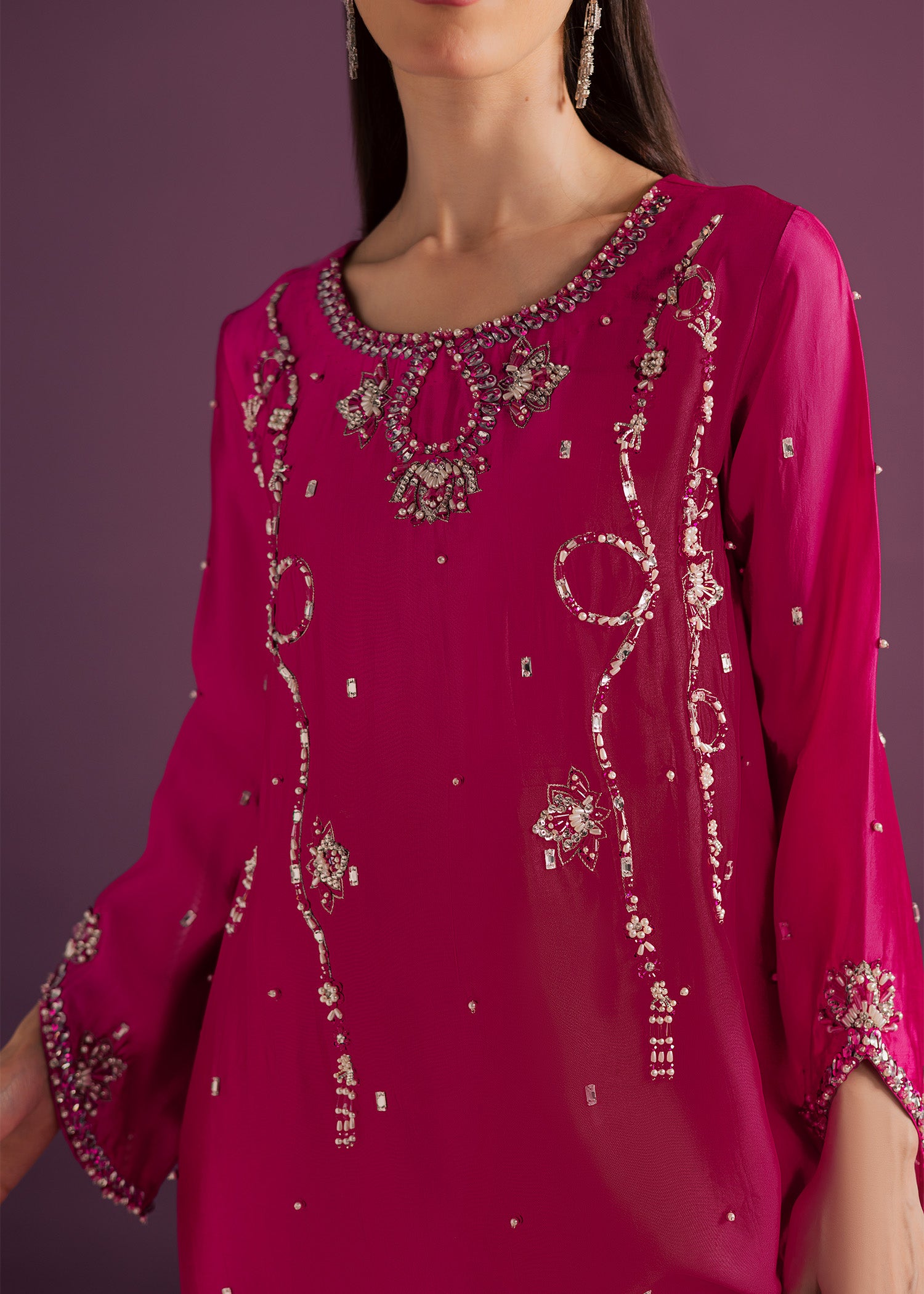 tussar silk Kaftan in Hot pink