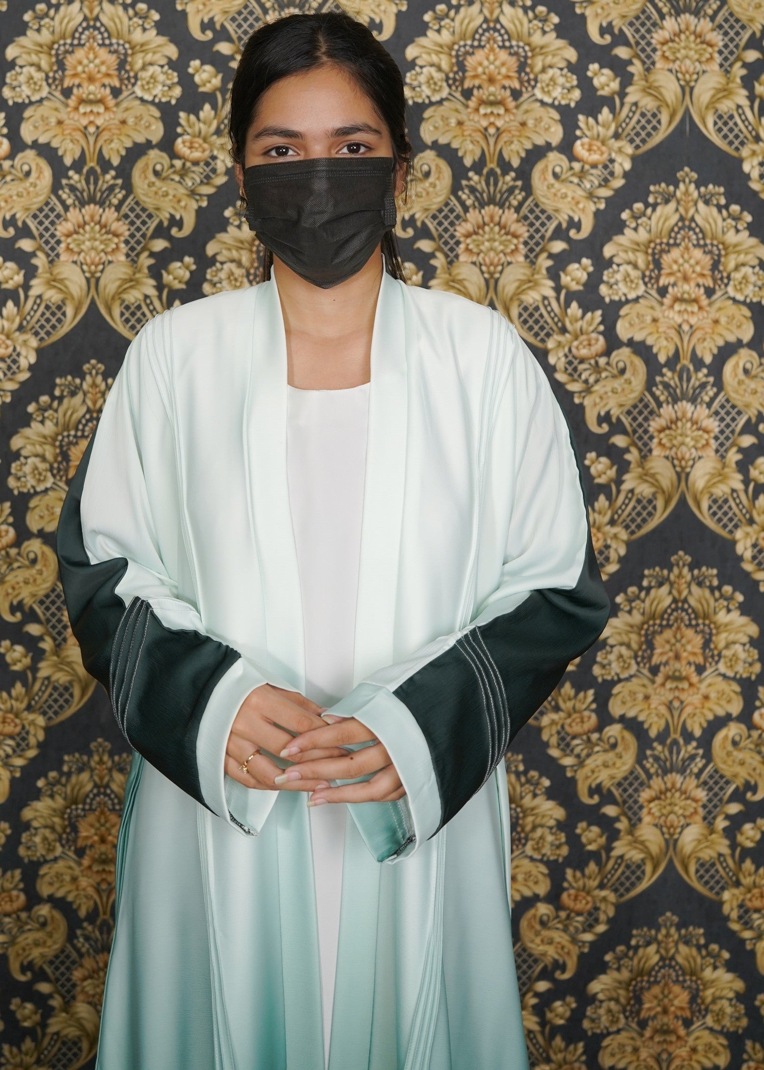 thai silk Abaya in Bottle green, white