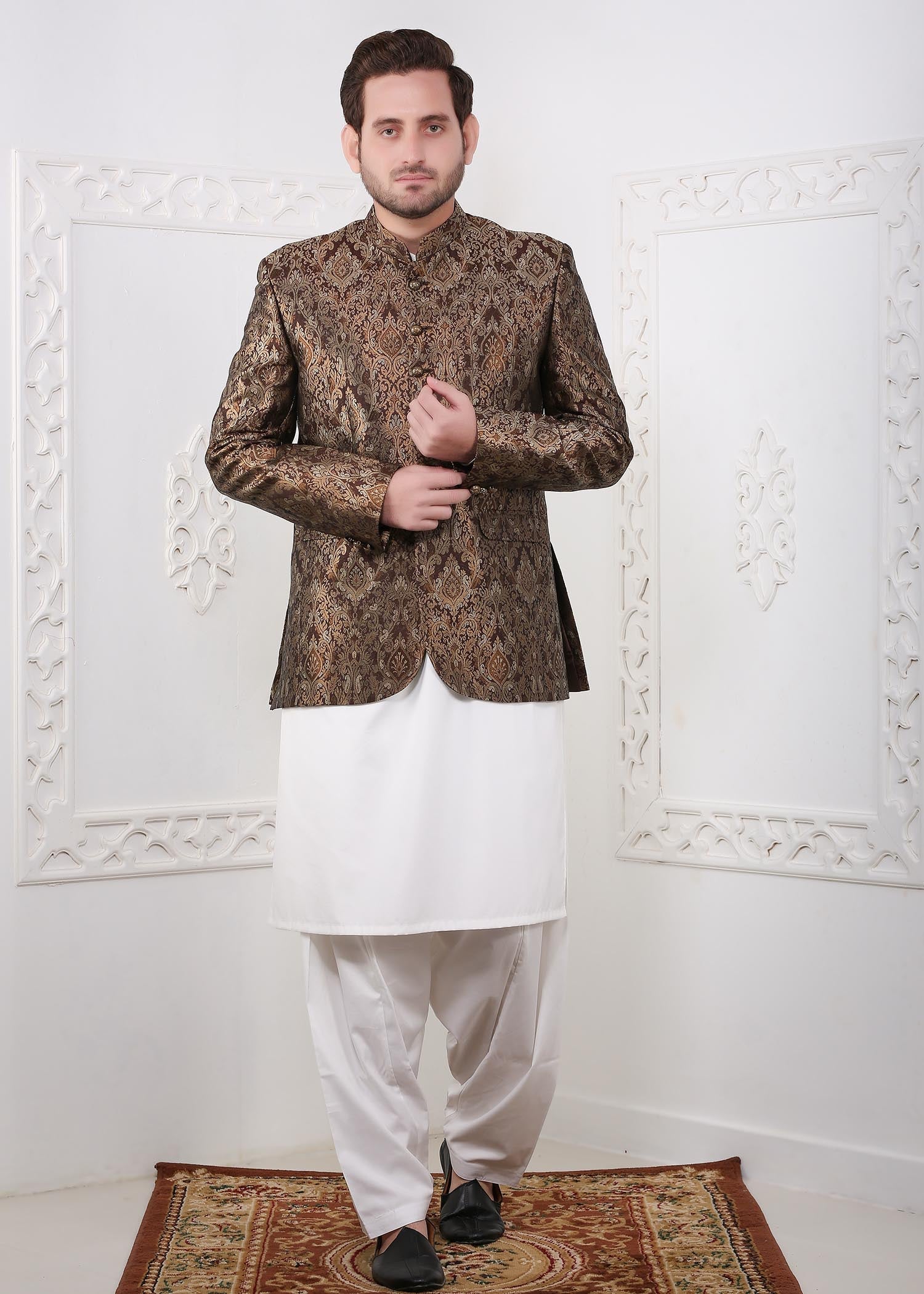 banarsi silk Prince Coat in Brown