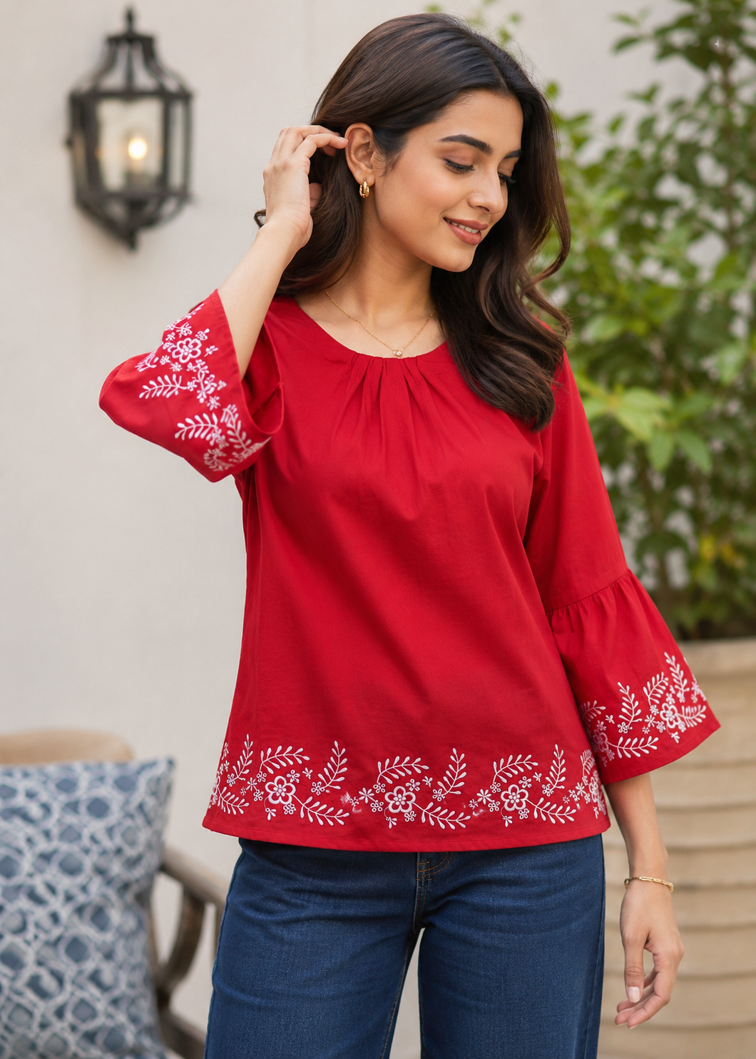cotton karandi Top in Red