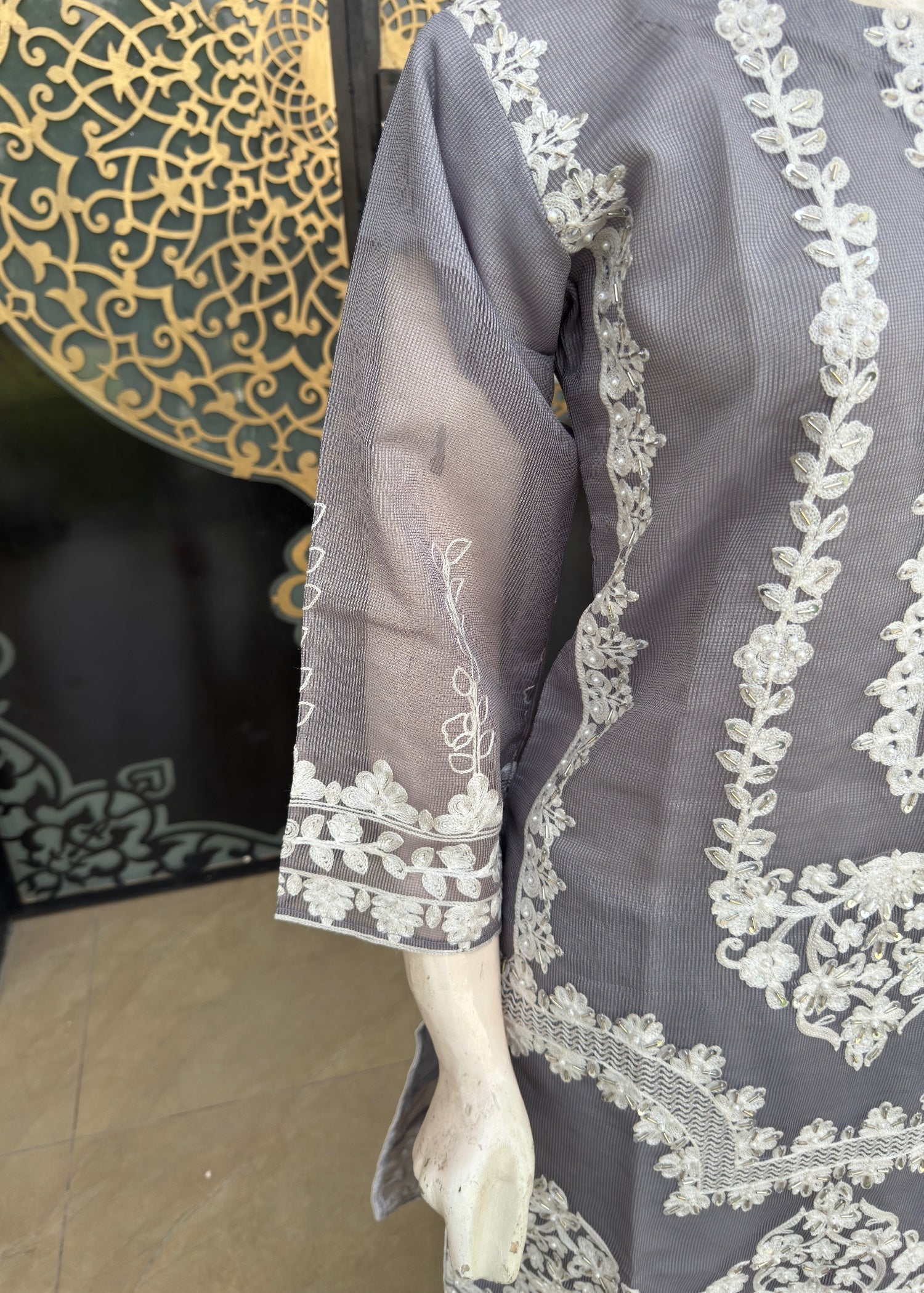 khaddi net Kurta Set in Silver