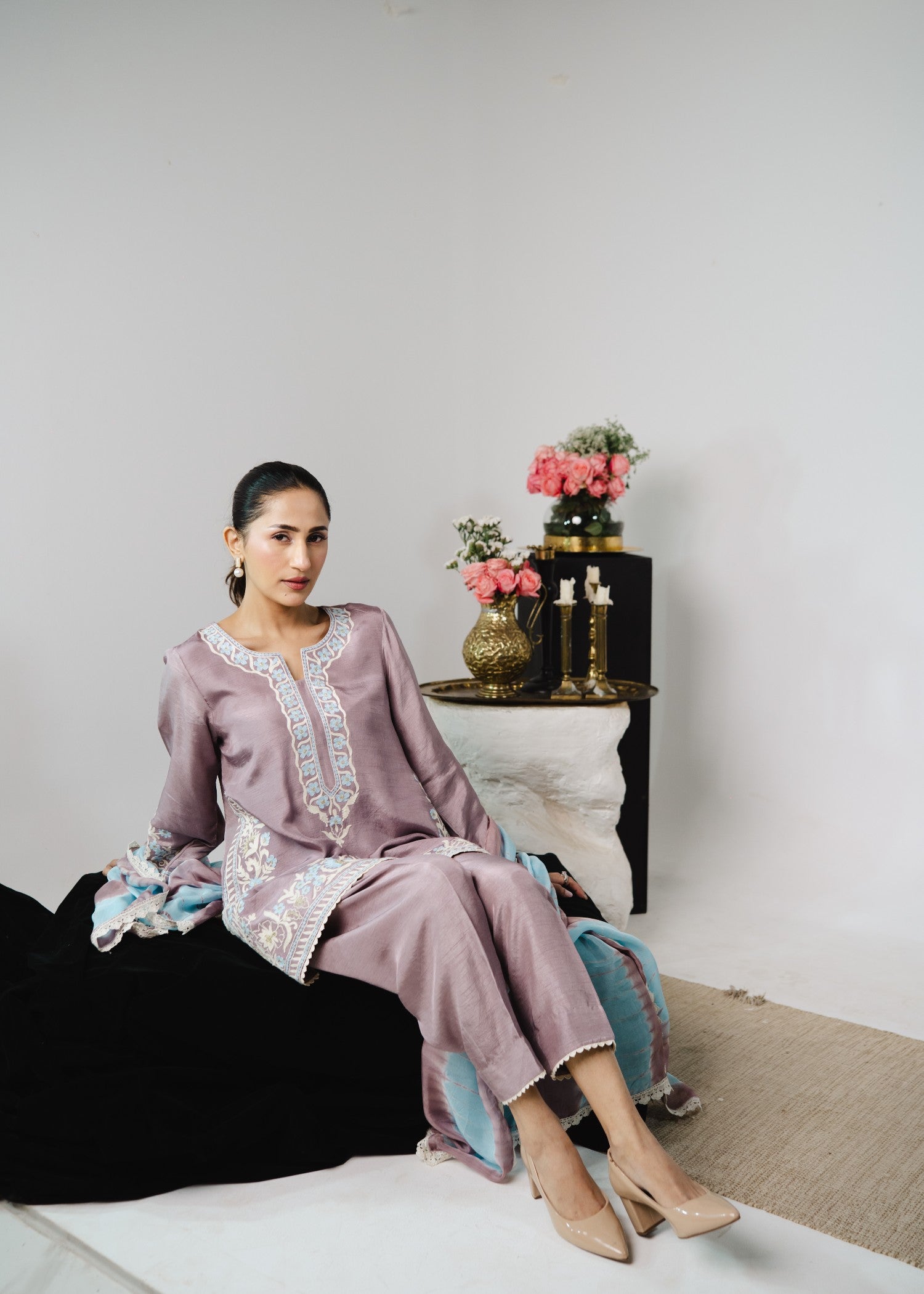 korean raw silk Kurta Set in Mauve pink