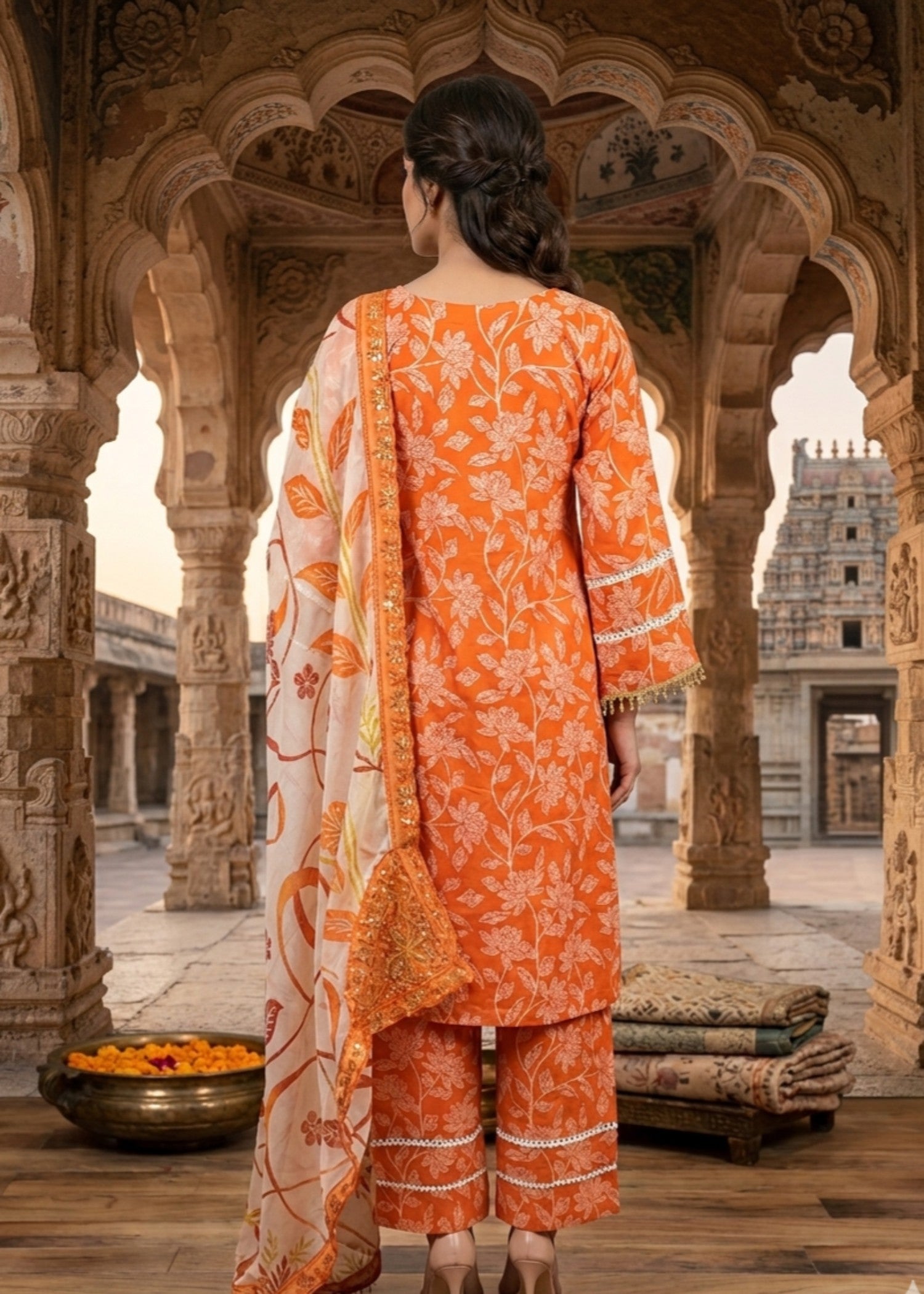 lawn Kurta Set in Pumpkin orange