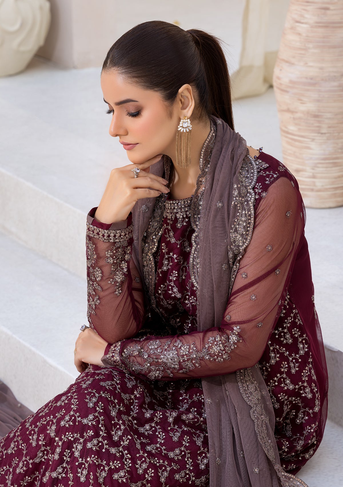net Kurta Set in Maroon