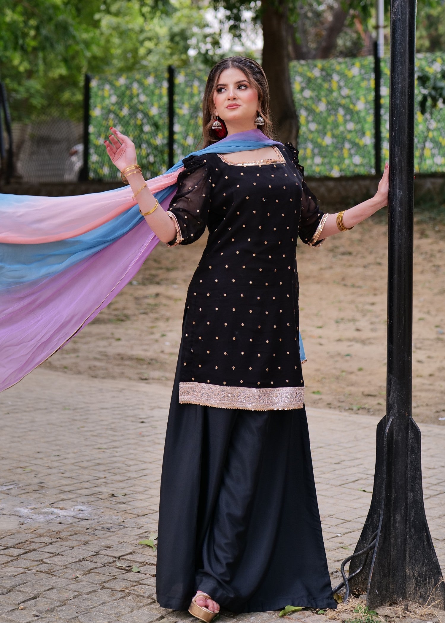 crinkle chiffon Sharara in Jet black