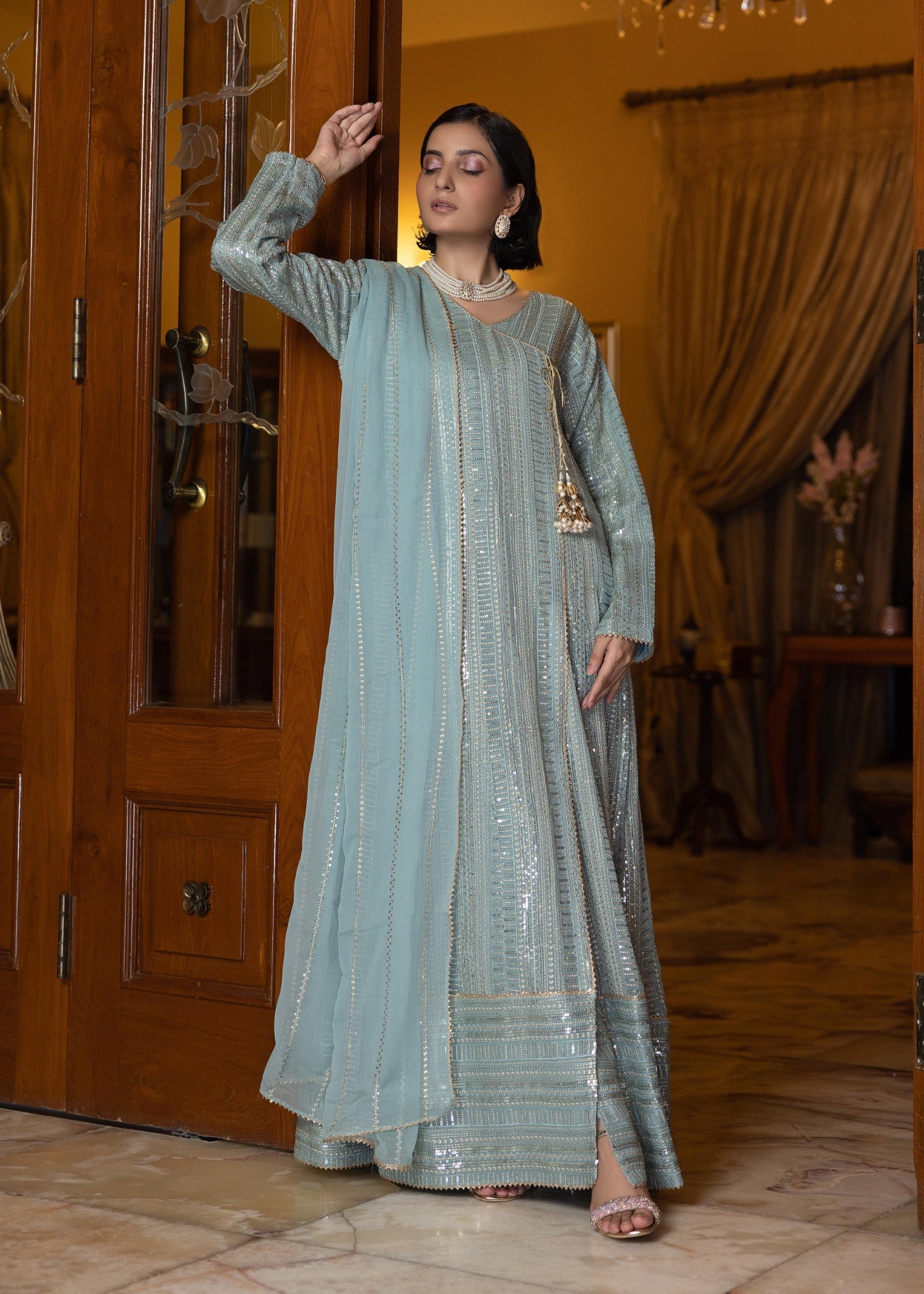 chiffon Angrakha in Ice blue