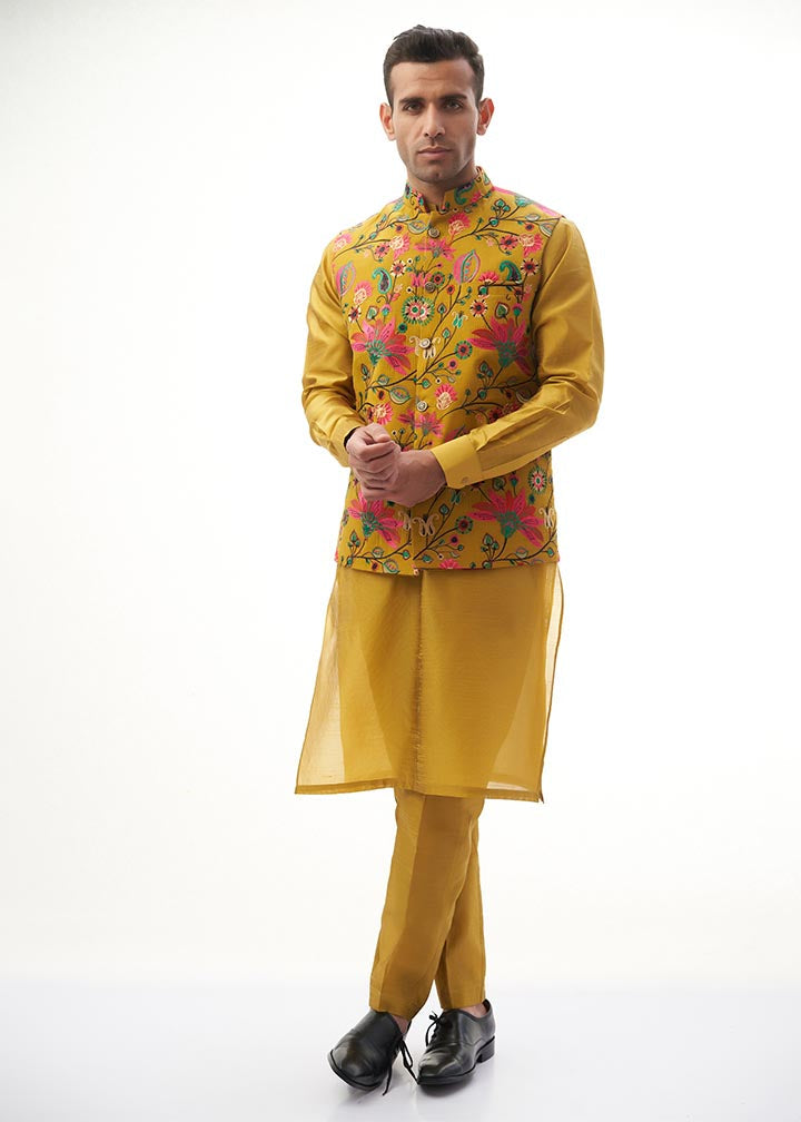 cotton karandi Waistcoat in Mustard