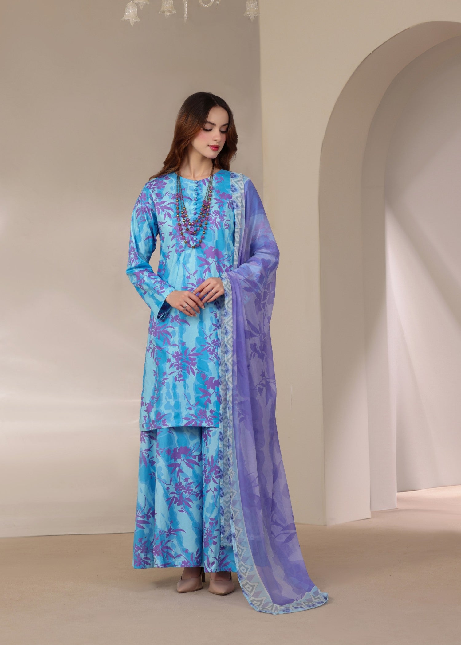 lawn Kurta Set in Ice blue, steel blue