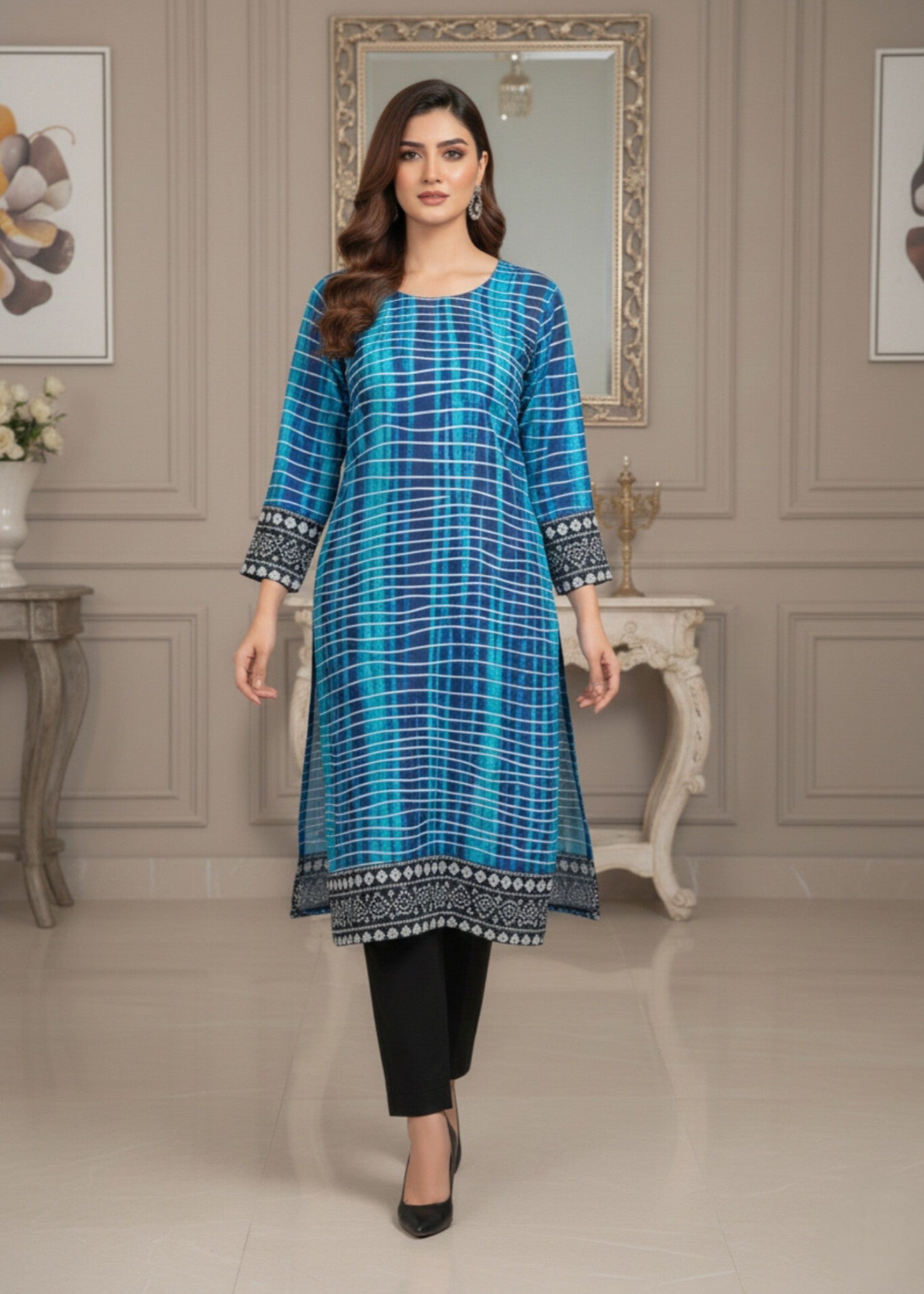 linen Kurta Set in Aquamarine, black, navy blue