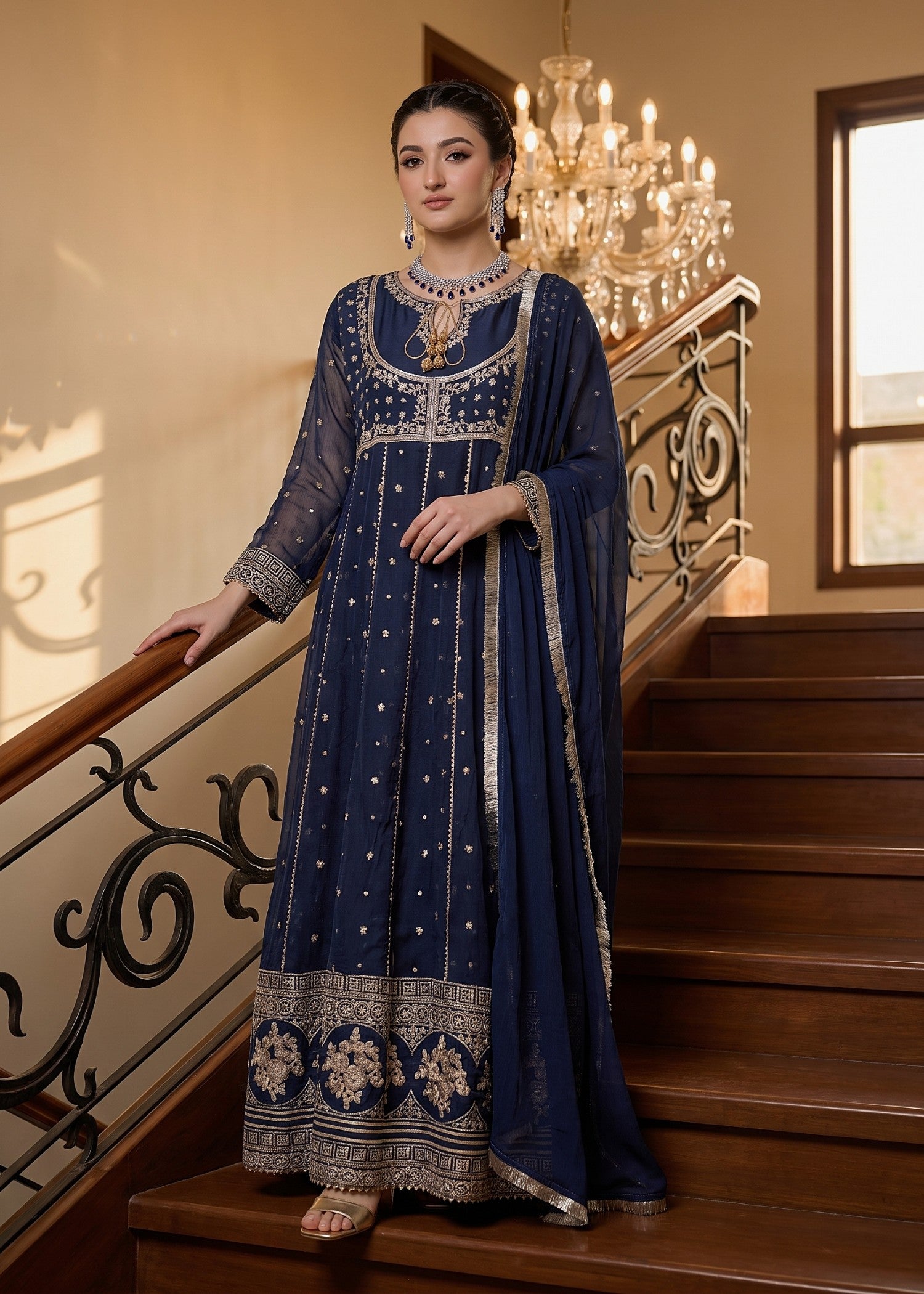 chiffon Anarkali in Navy blue