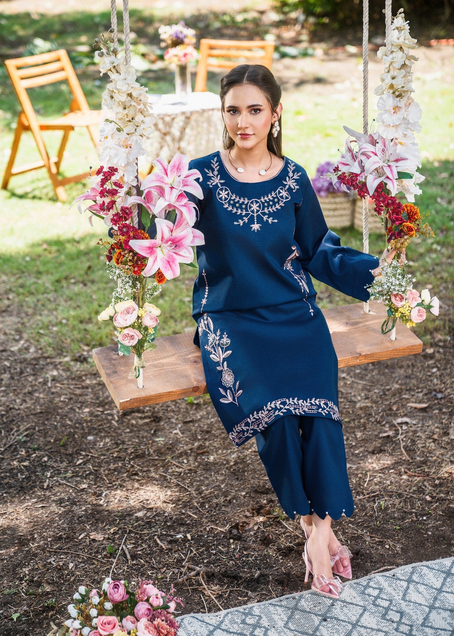 textured lawn Kurta Set in Navy blue
