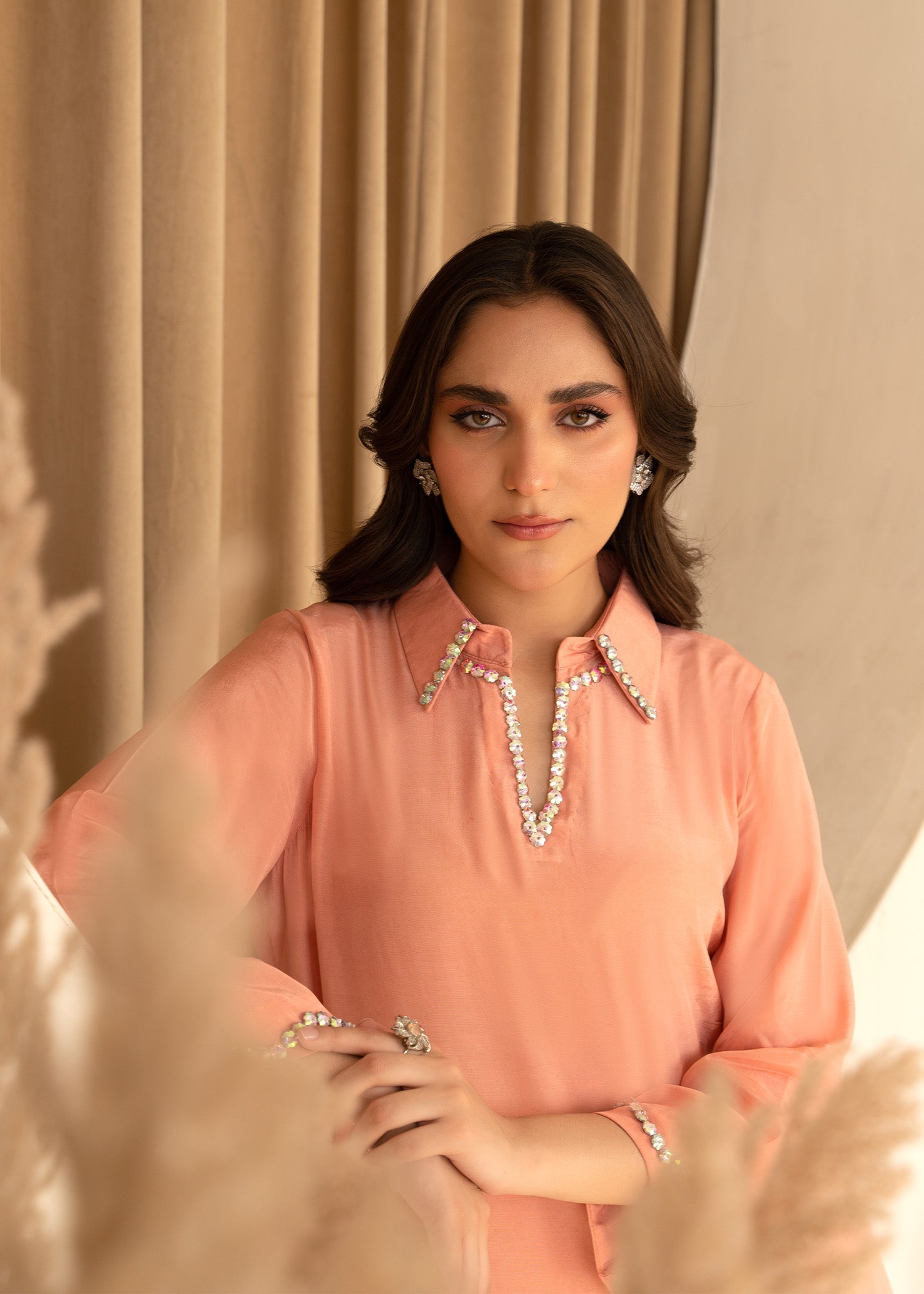 thai silk Kurta Set in Peach pink