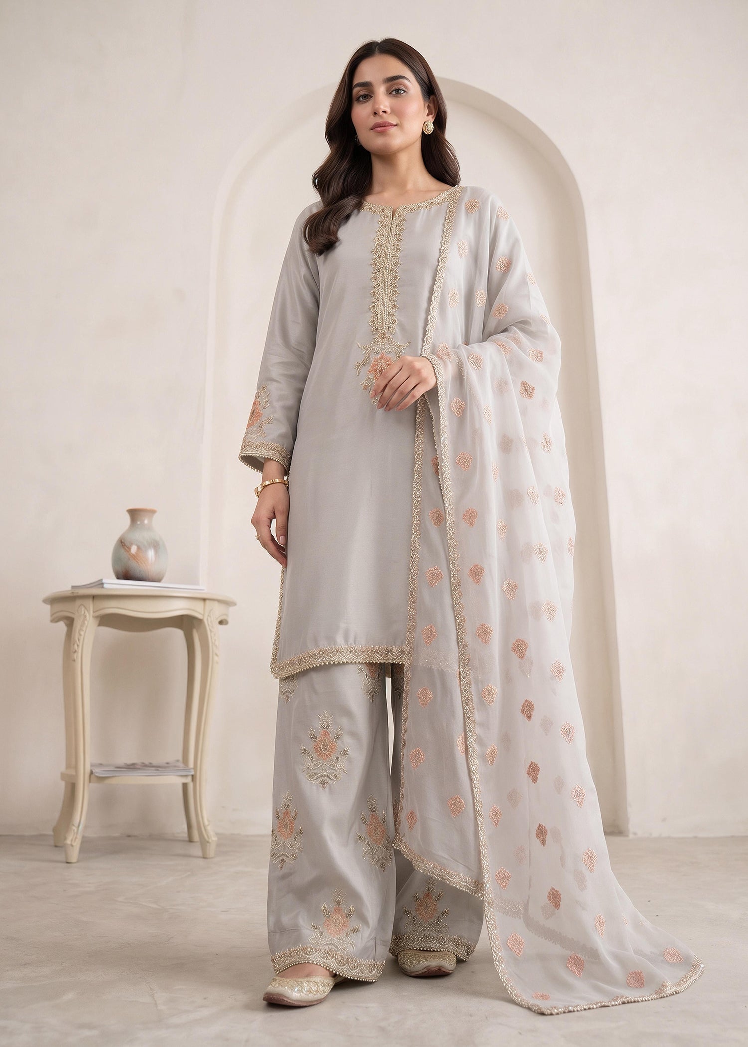 silk Kurta Set in Pastel grey