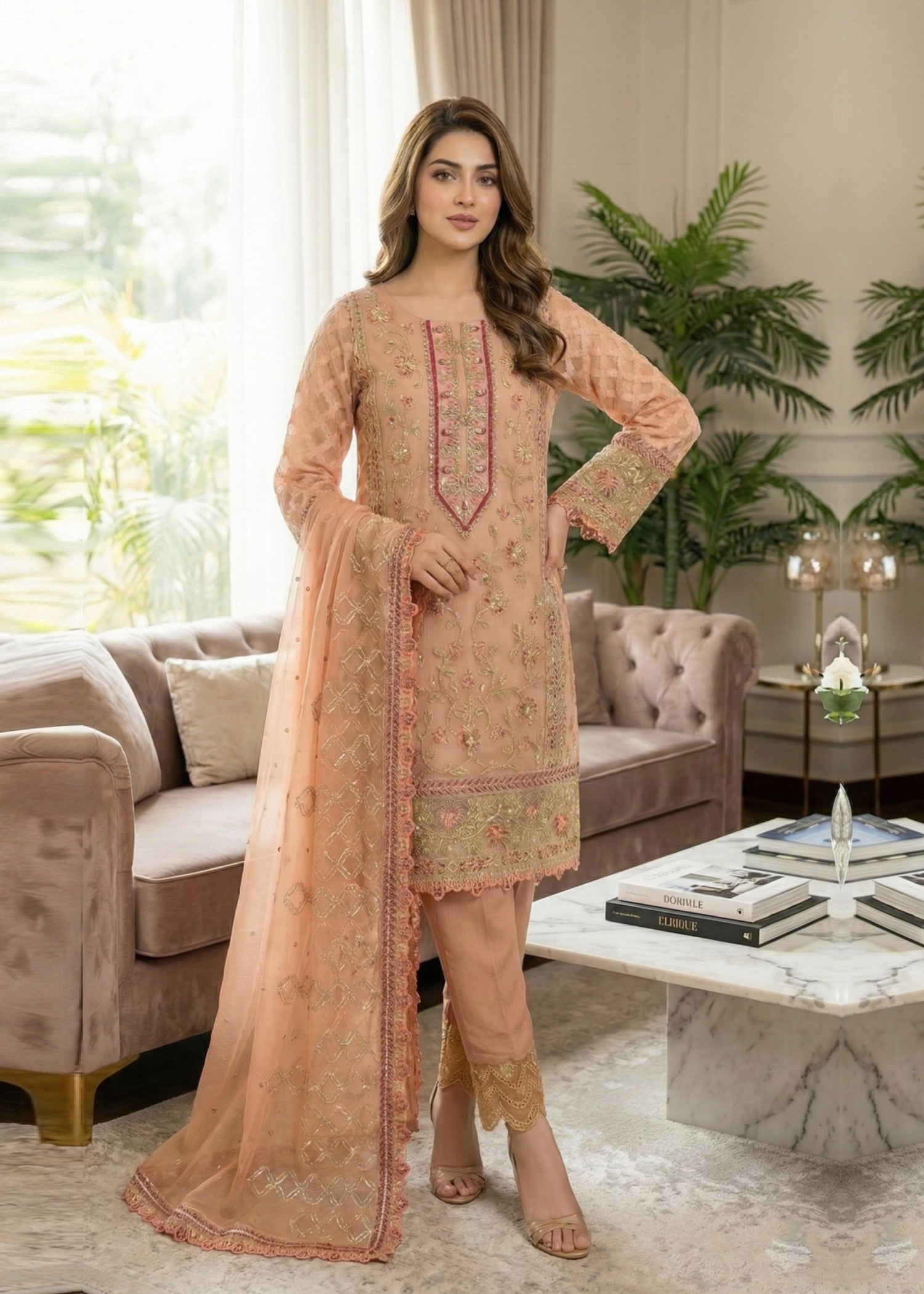 jacquard organza Kurta Set in Peach pink