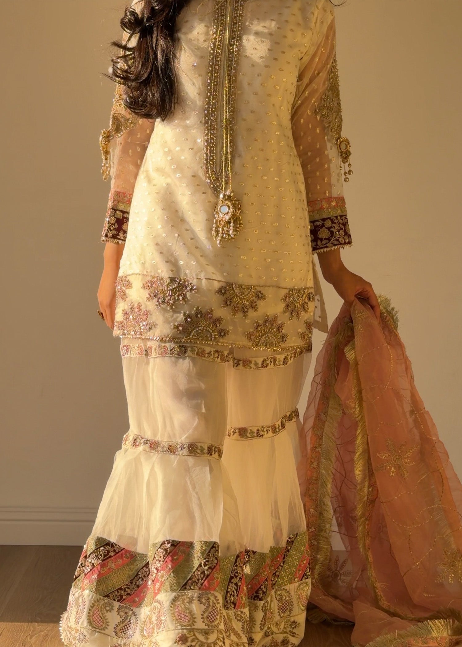 organza Gharara in Ivory