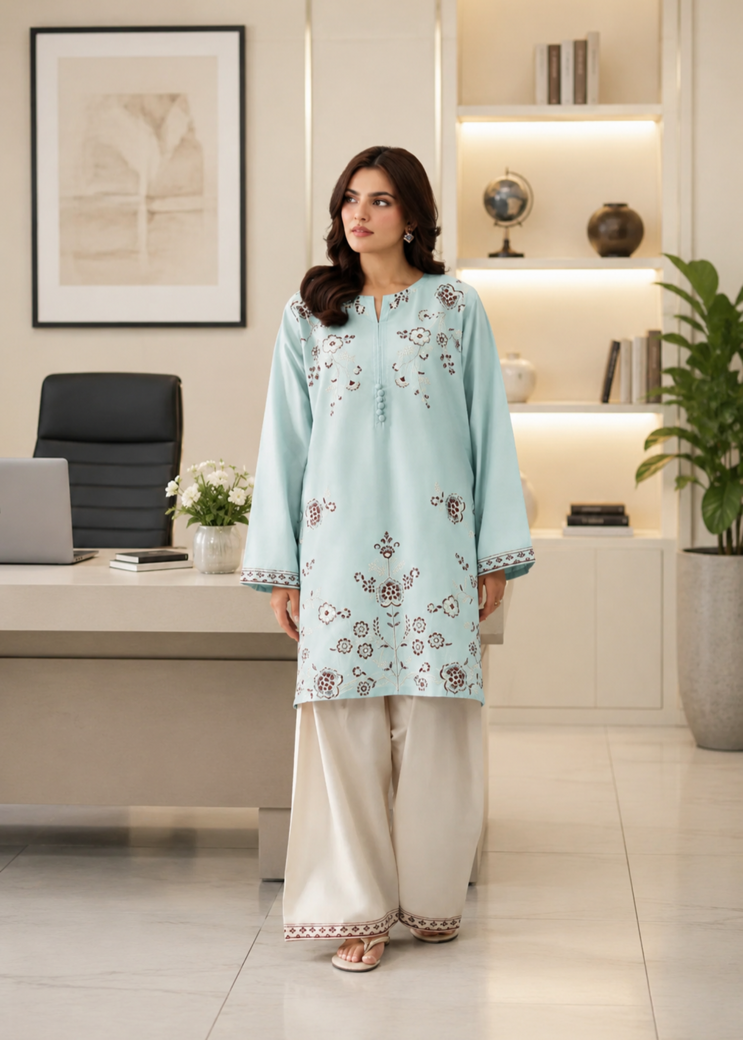 linen Kurta Set in Aquamarine