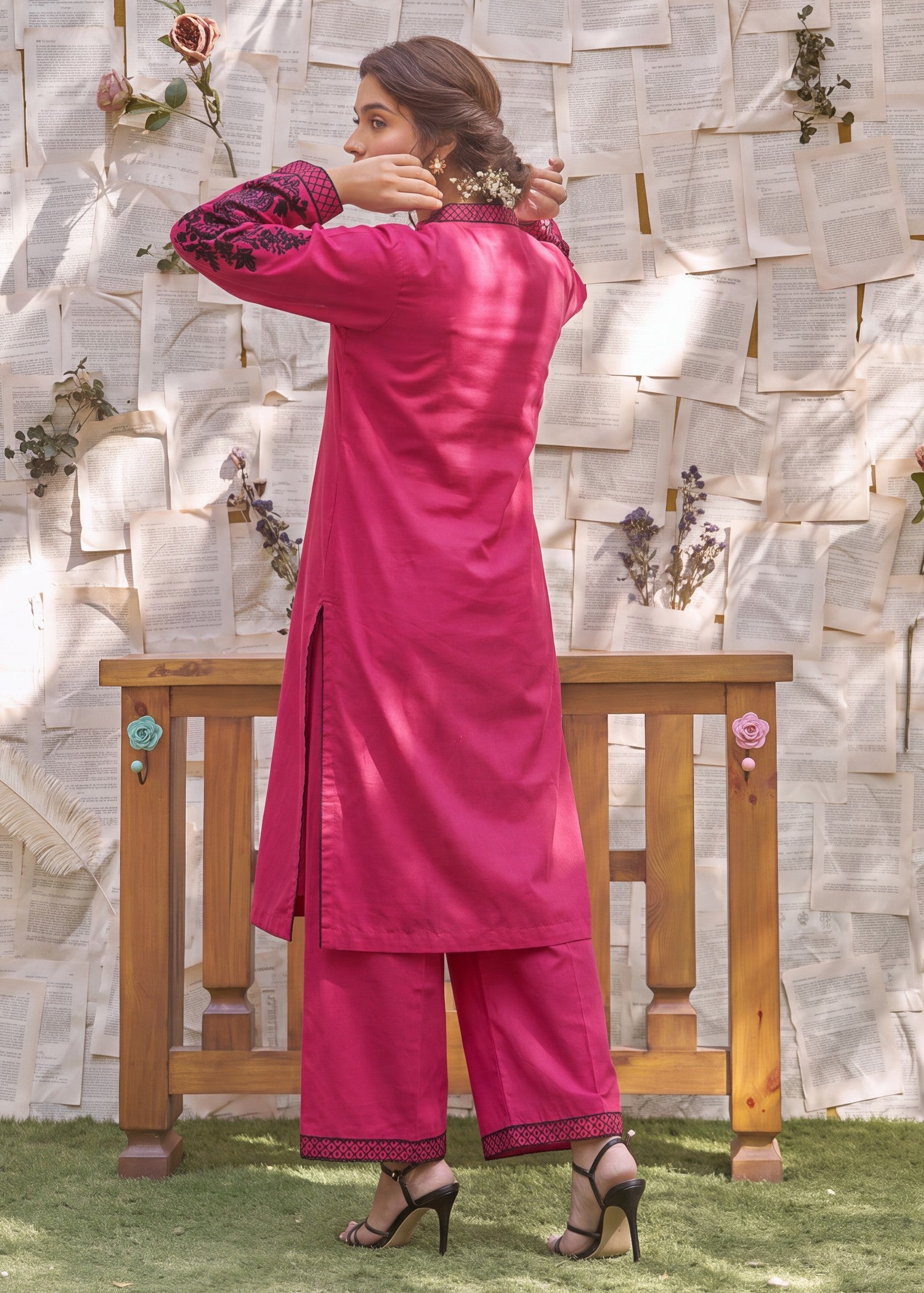cotton Kurta Set in Hot pink red