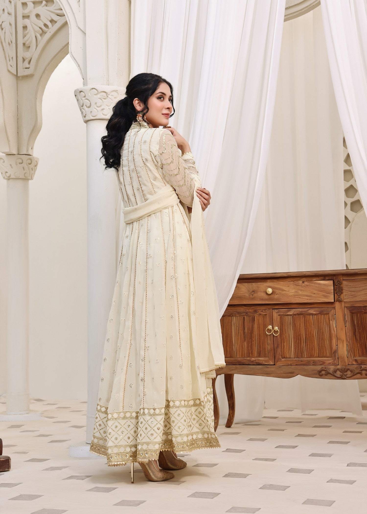 chiffon Angrakha in Off-white