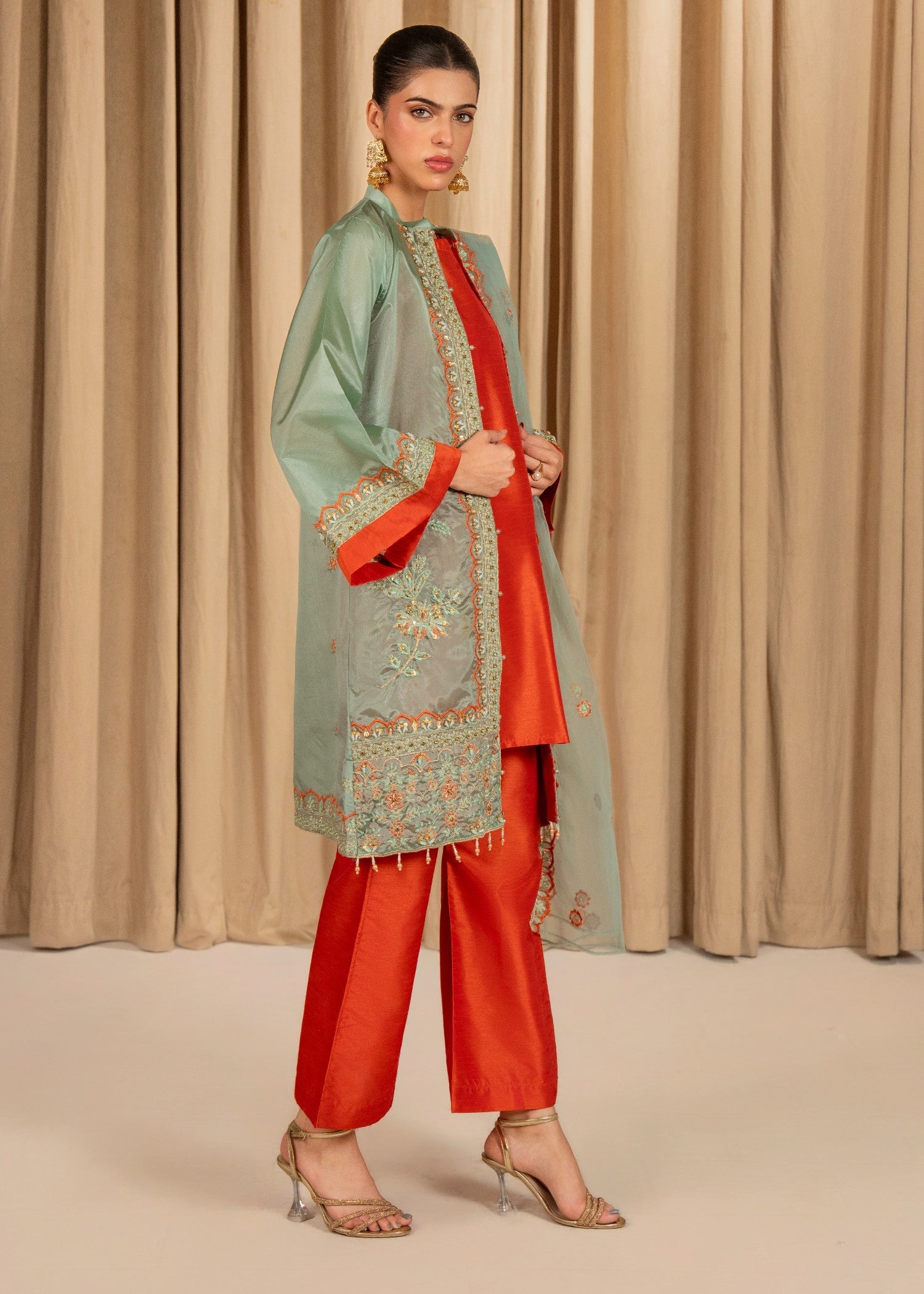raw silk Gown in Mint green