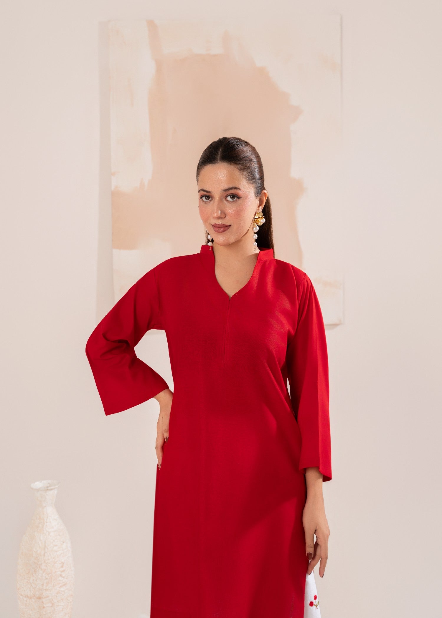 cotton Kurta Set in White, red