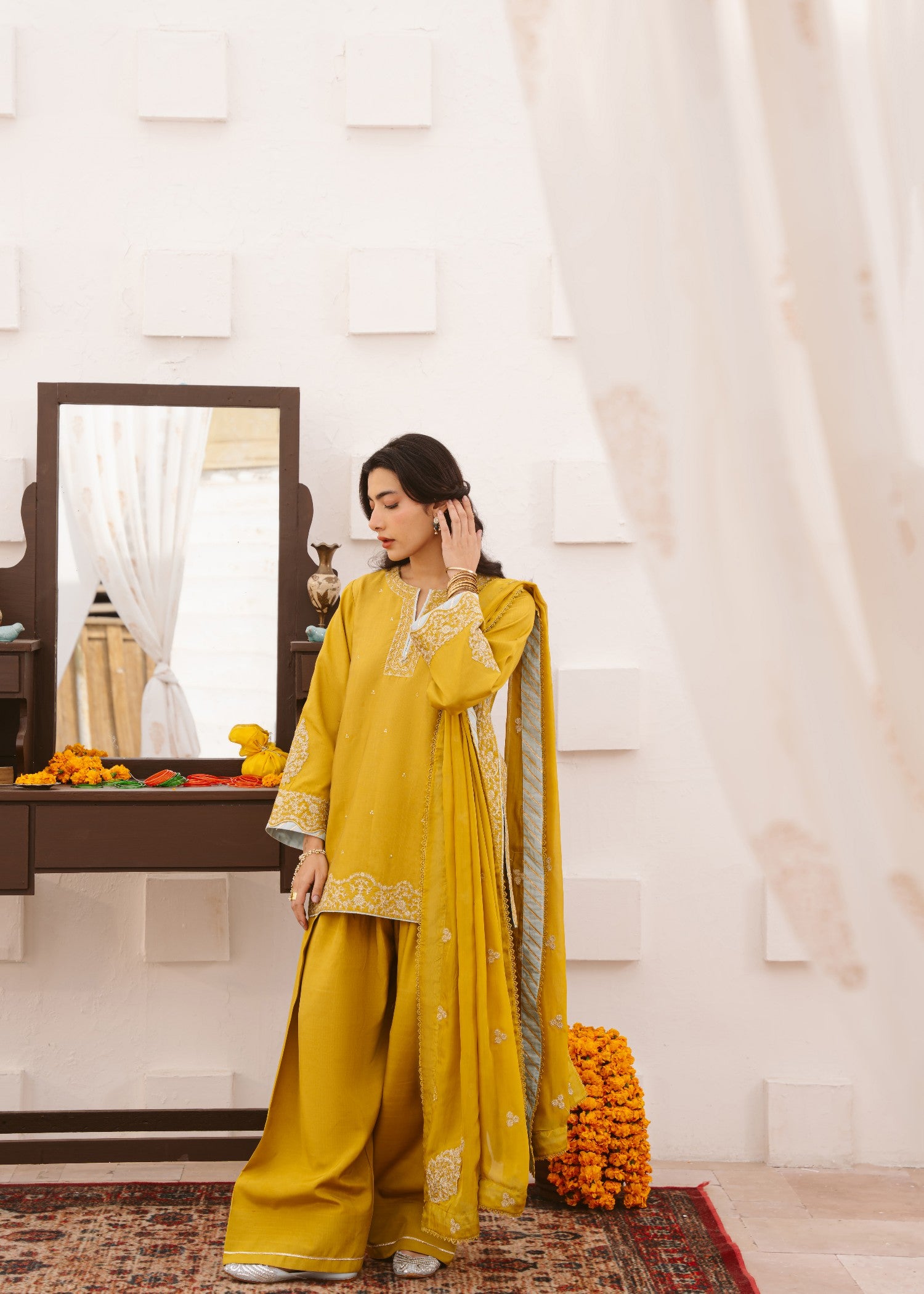 raw silk Kurta Set in Marigold