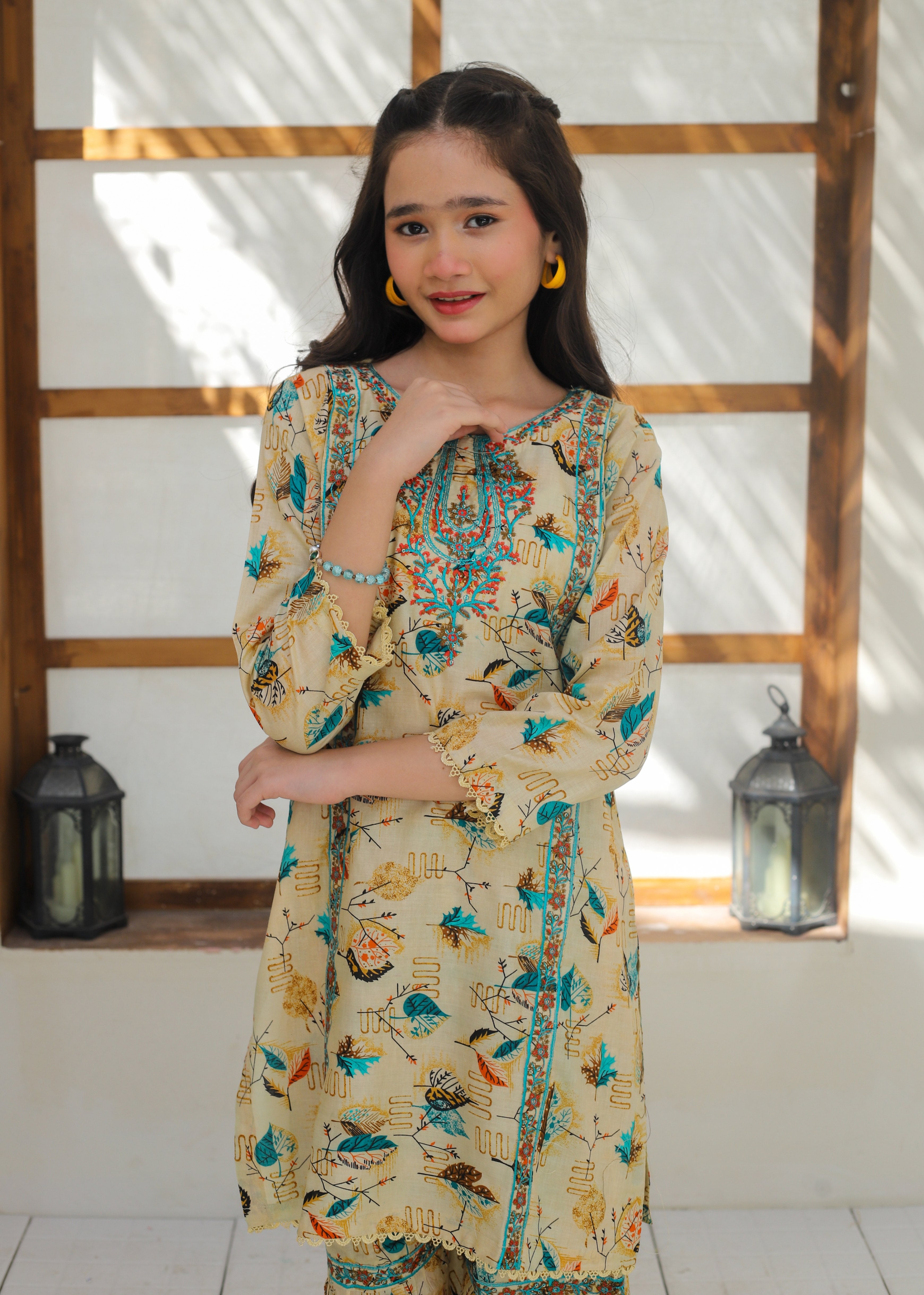 lawn Gharara in Beige