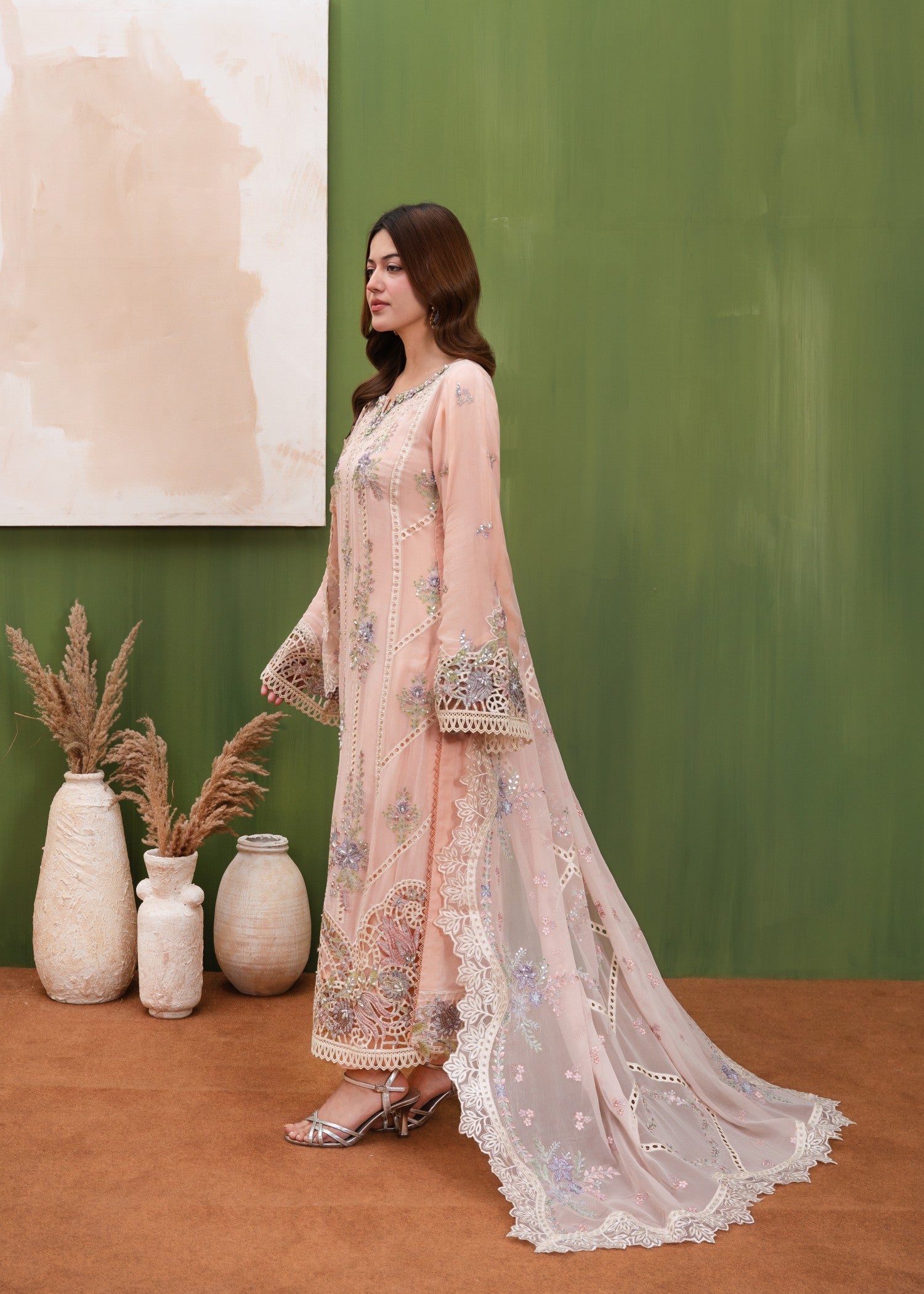 crinkle chiffon Kurta Set in Peach pink