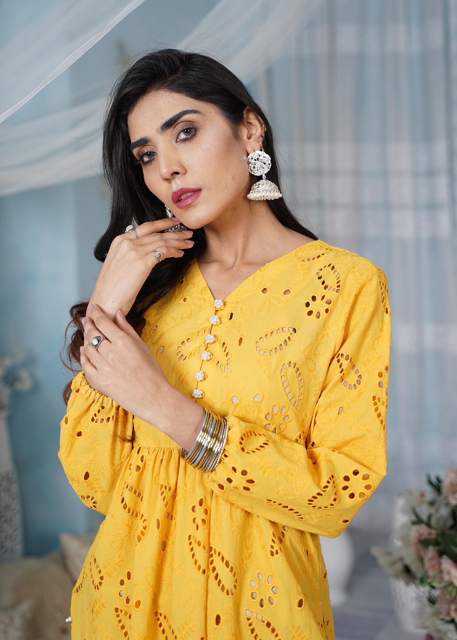 schiffli Kurta Set in Yellow