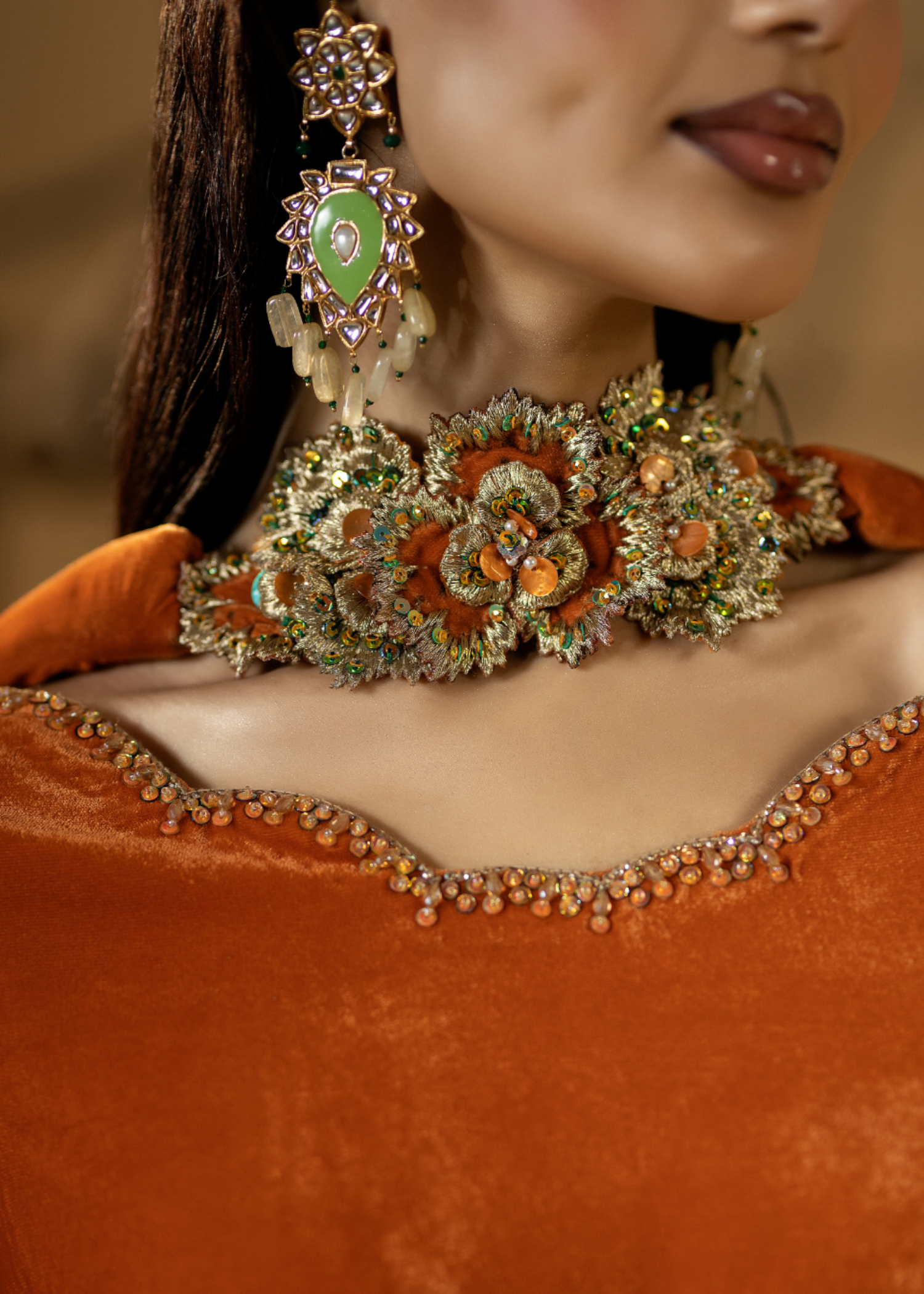chinese micro velvet 9000 Kurta Set in Toffee orange