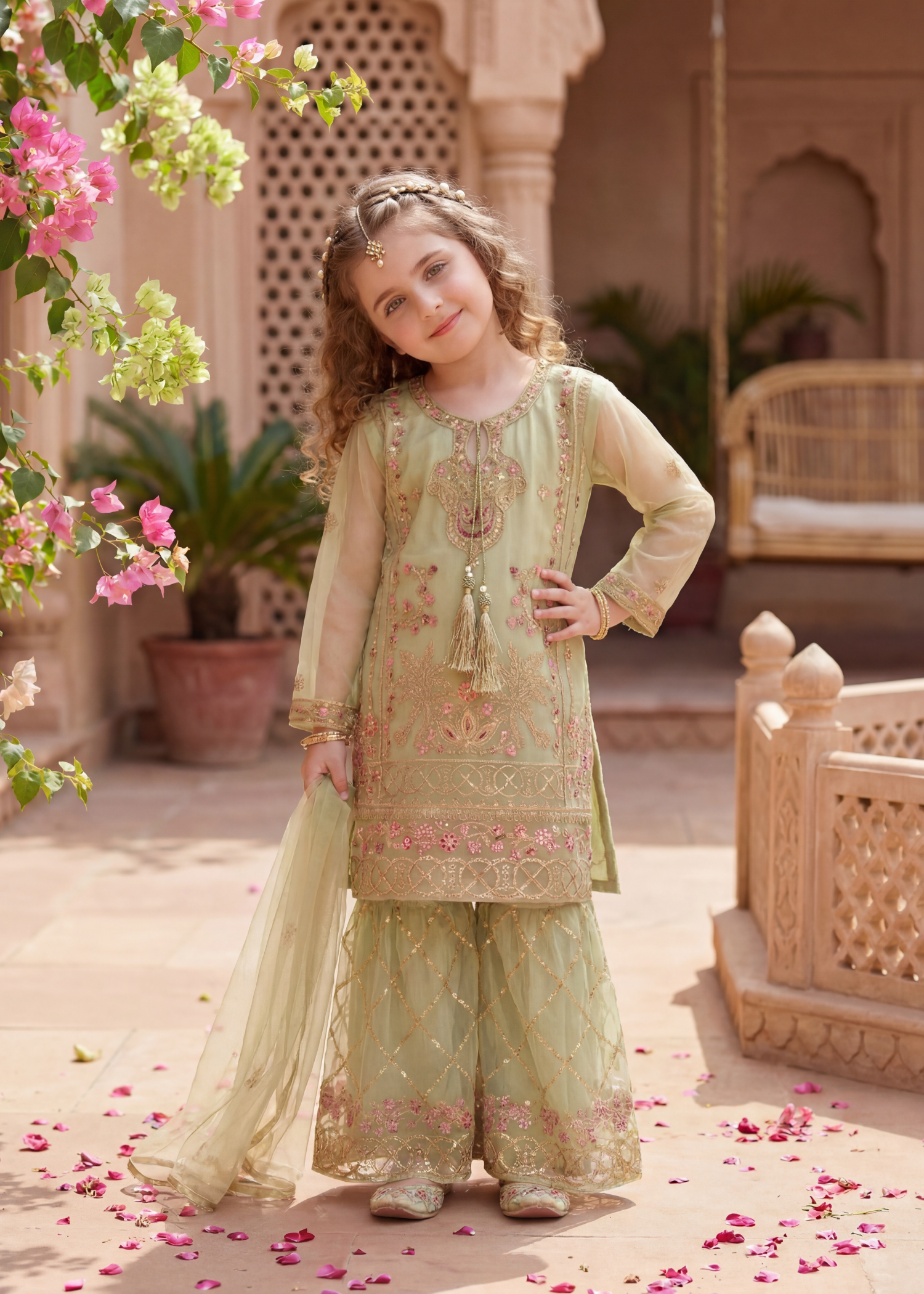 organza Gharara in Pistachio green