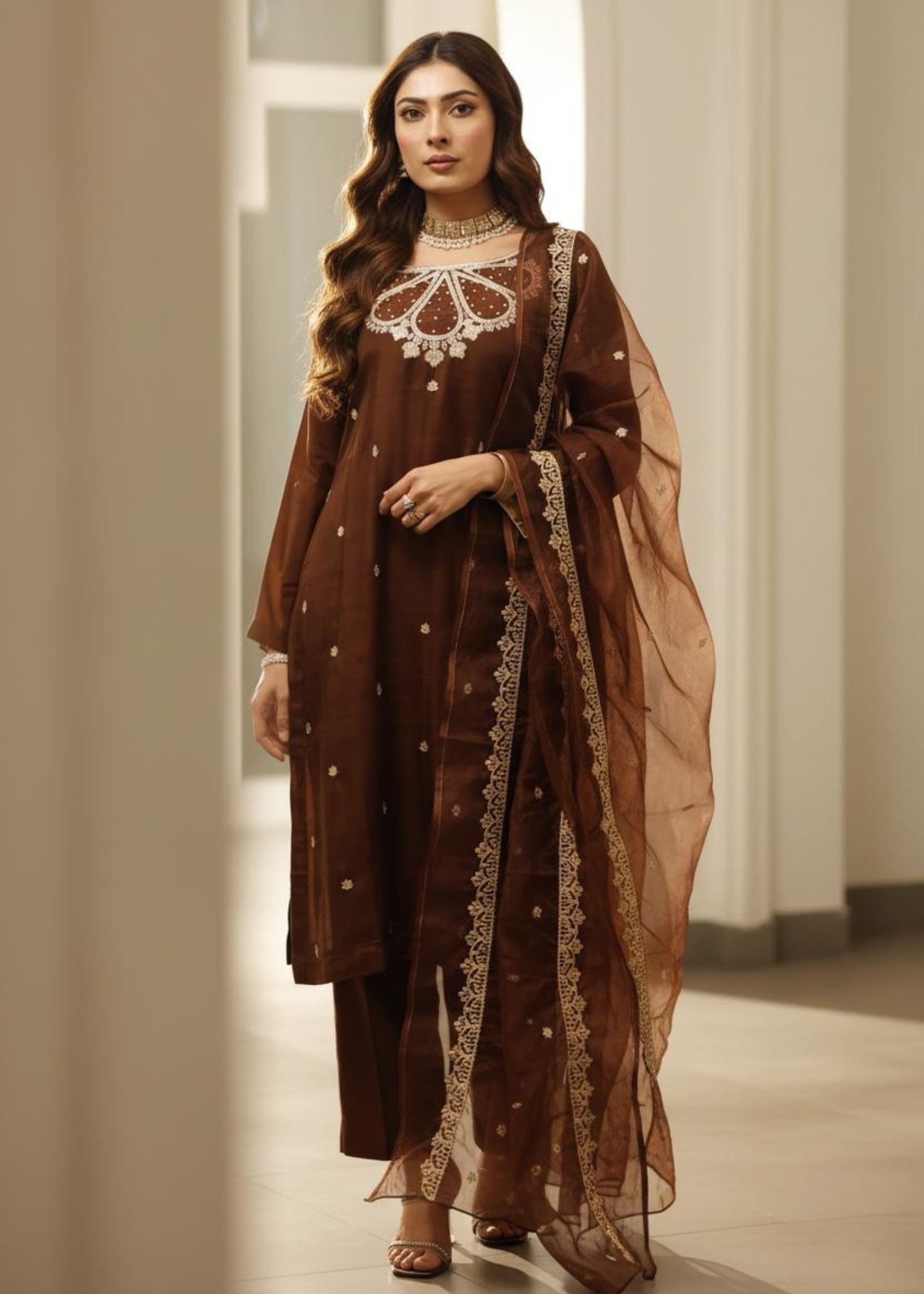 raw silk Kurta Set in Chocolate brown