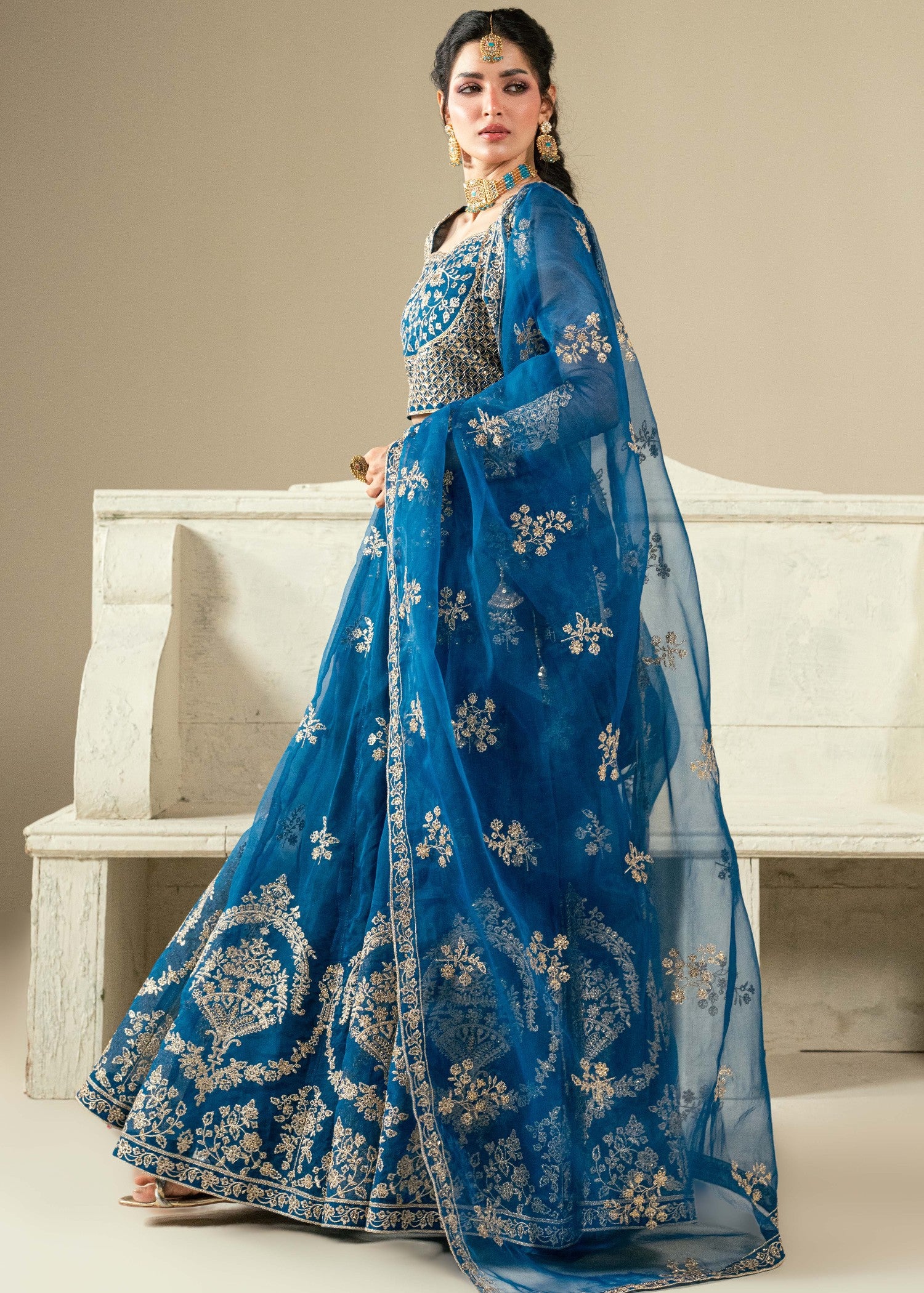 organza Lehenga in Sapphire blue