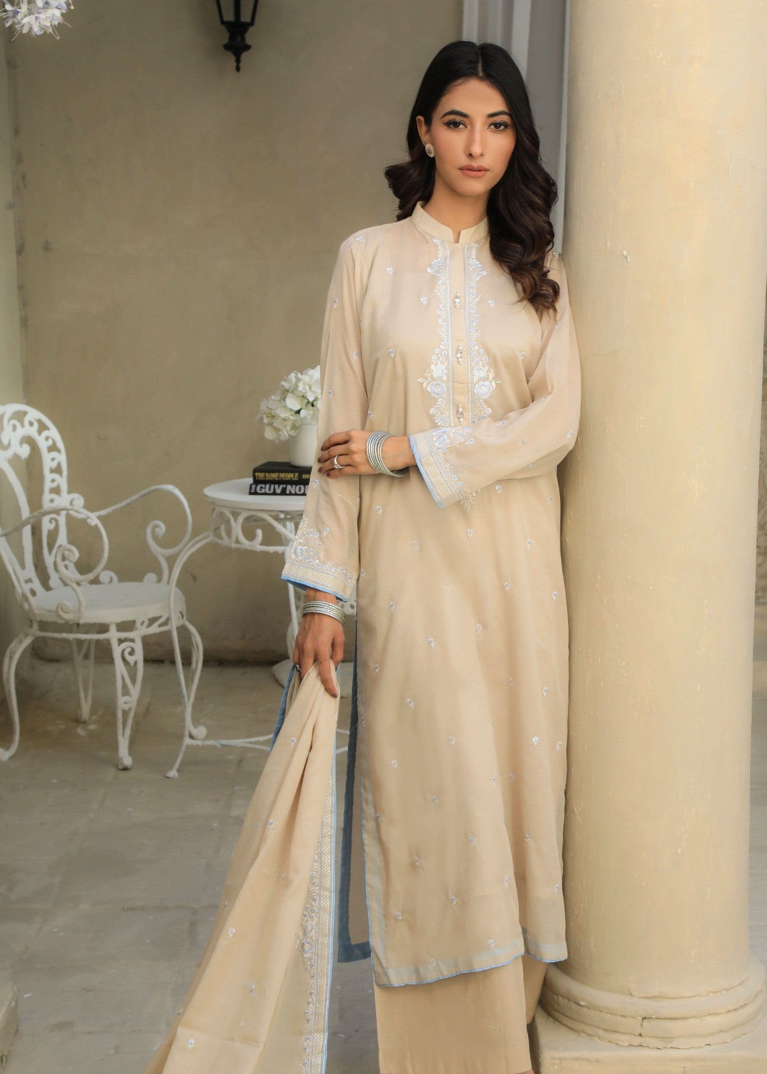 voile Kurta Set in Beige