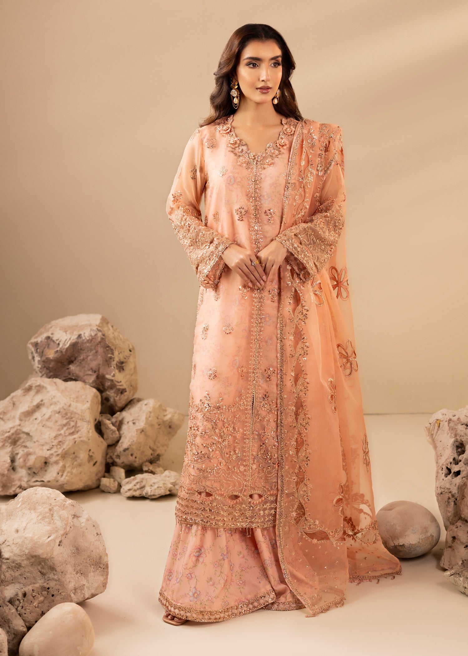 organza Sharara in Peach pink
