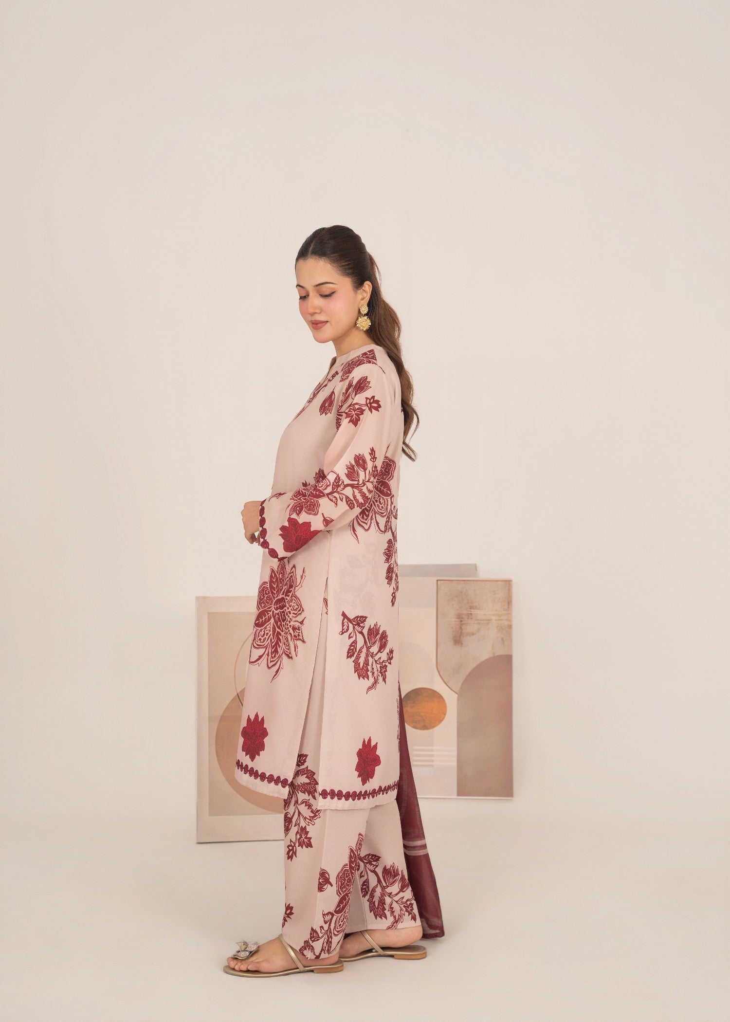 poly lawn Kurta Set in Maroon, cream