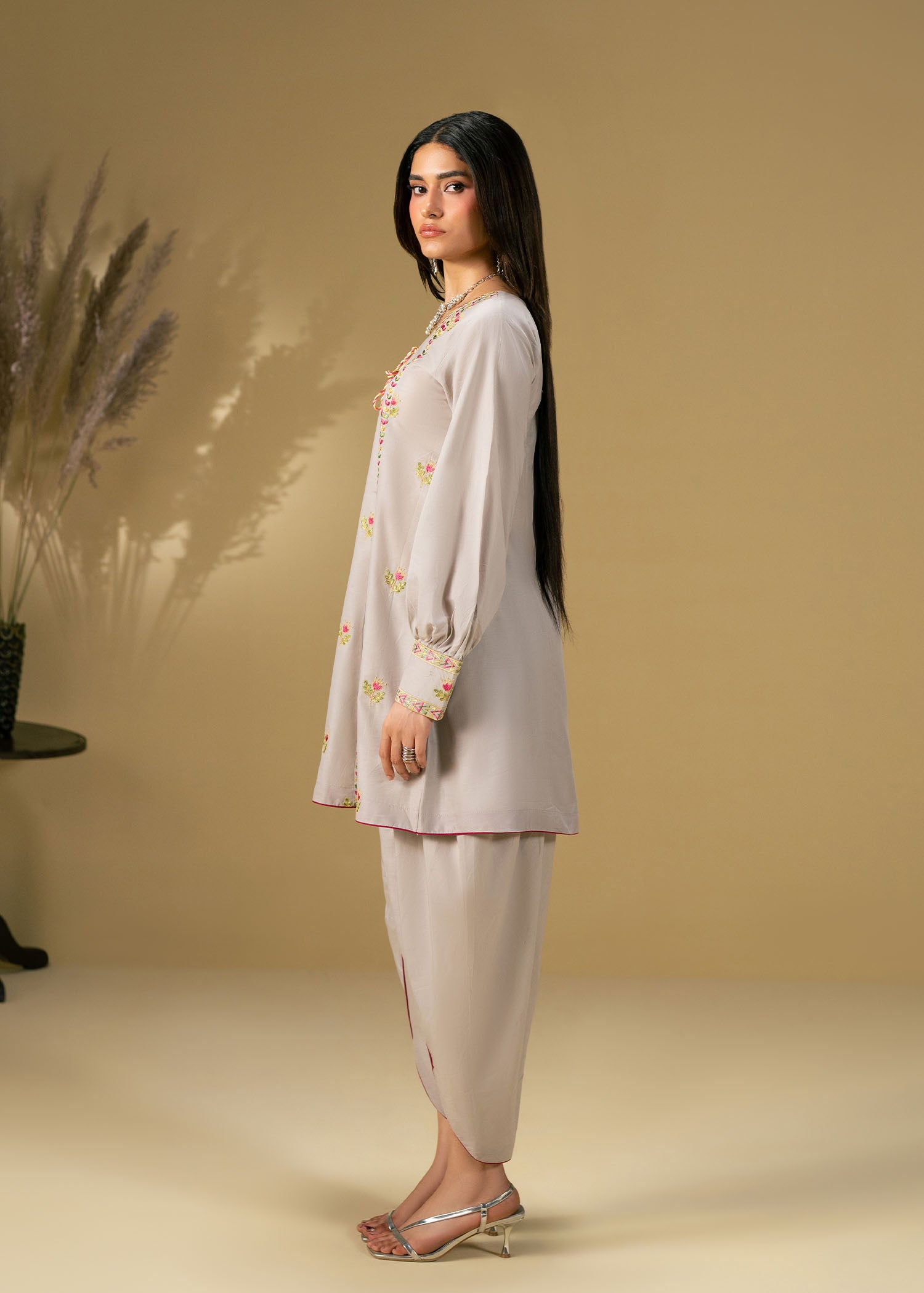 lawn Short Frock in Light grey