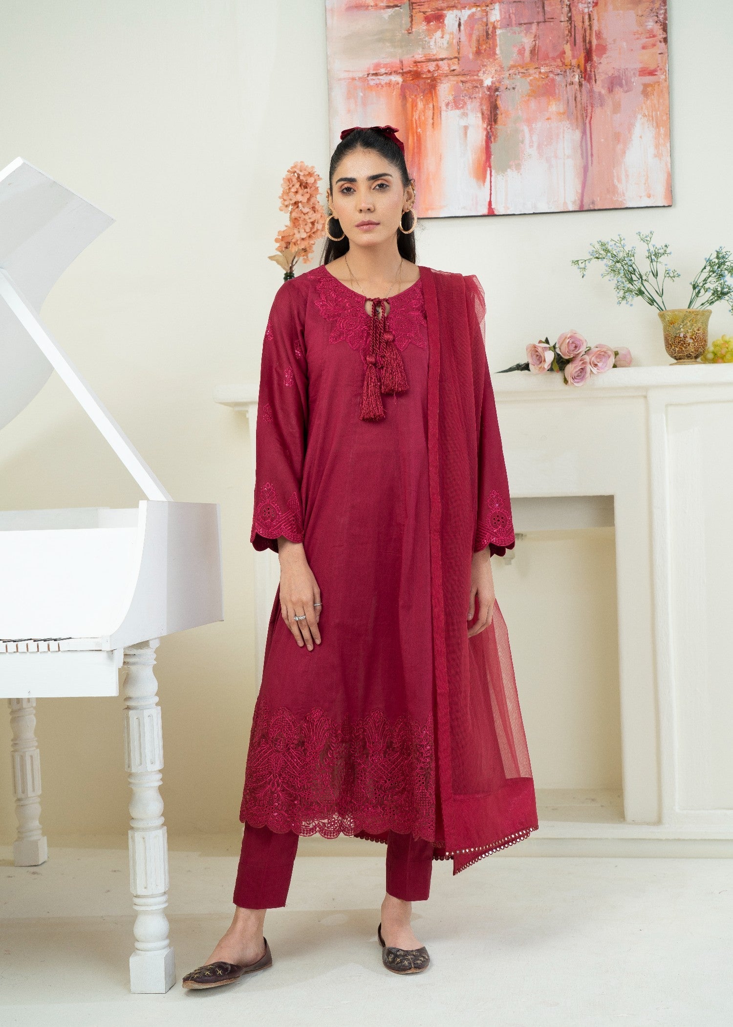 lawn Pishwas in Maroon