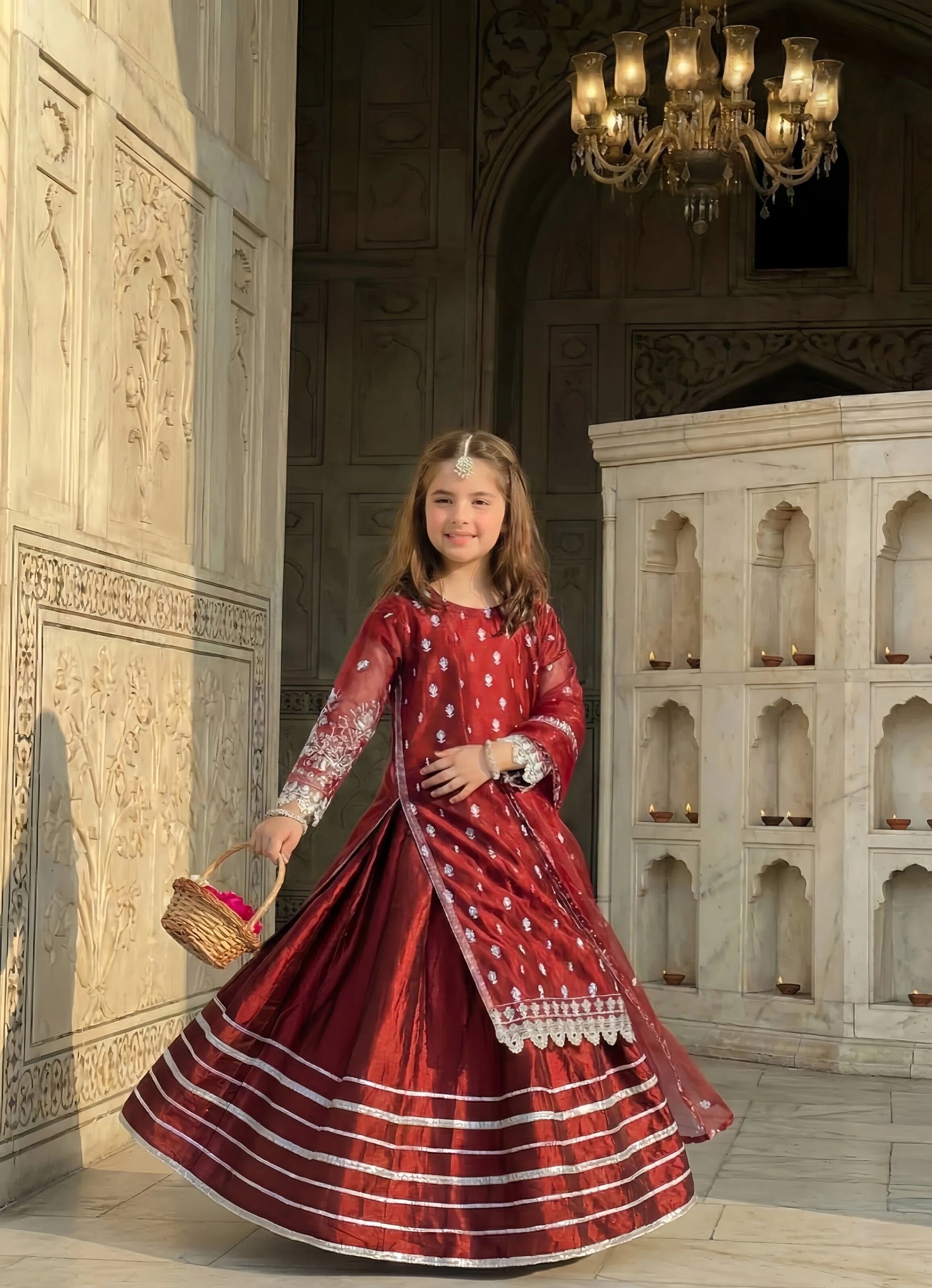 organza Lehenga in Cherry red