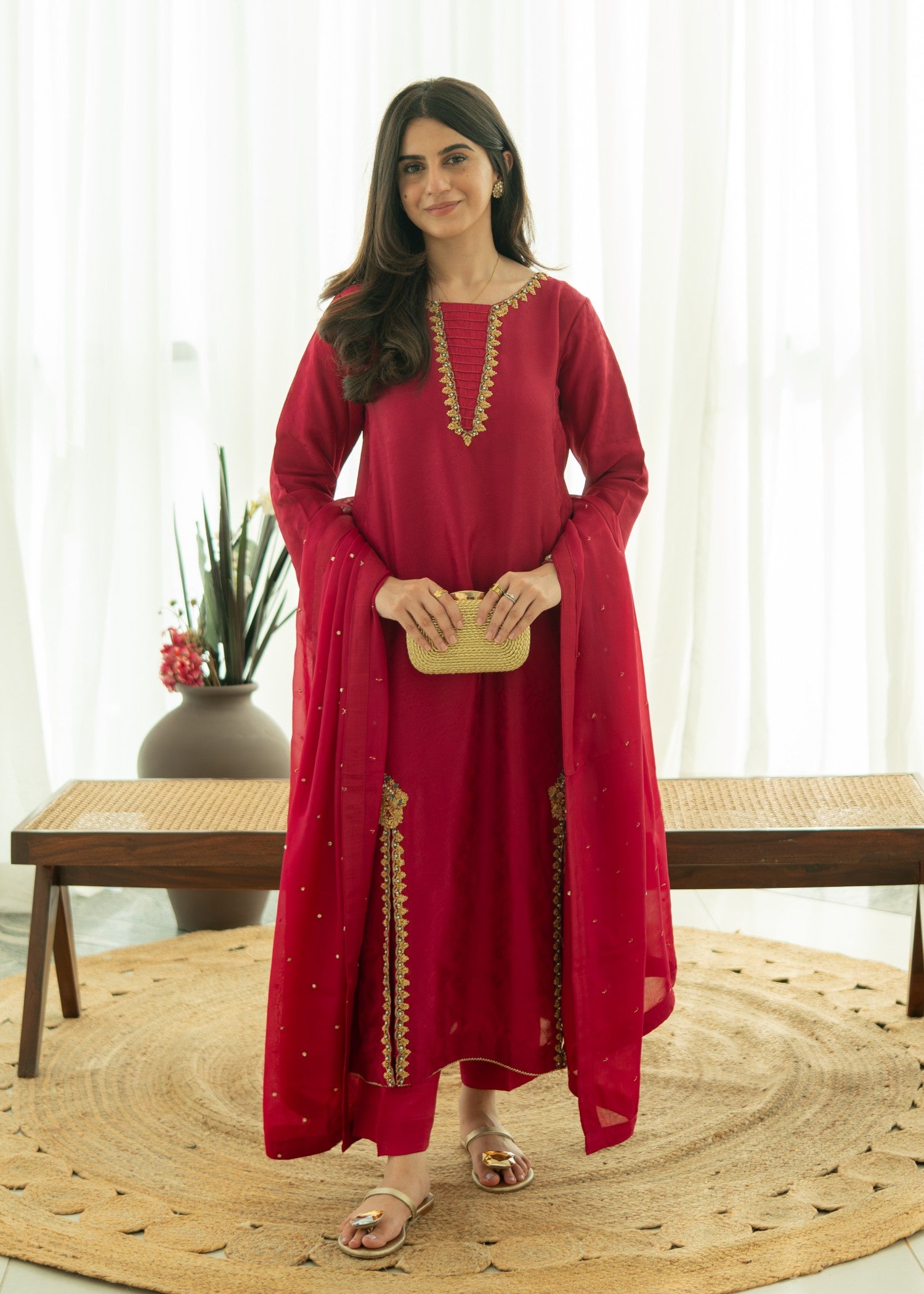 silk Kurta Set in Raspberry pink