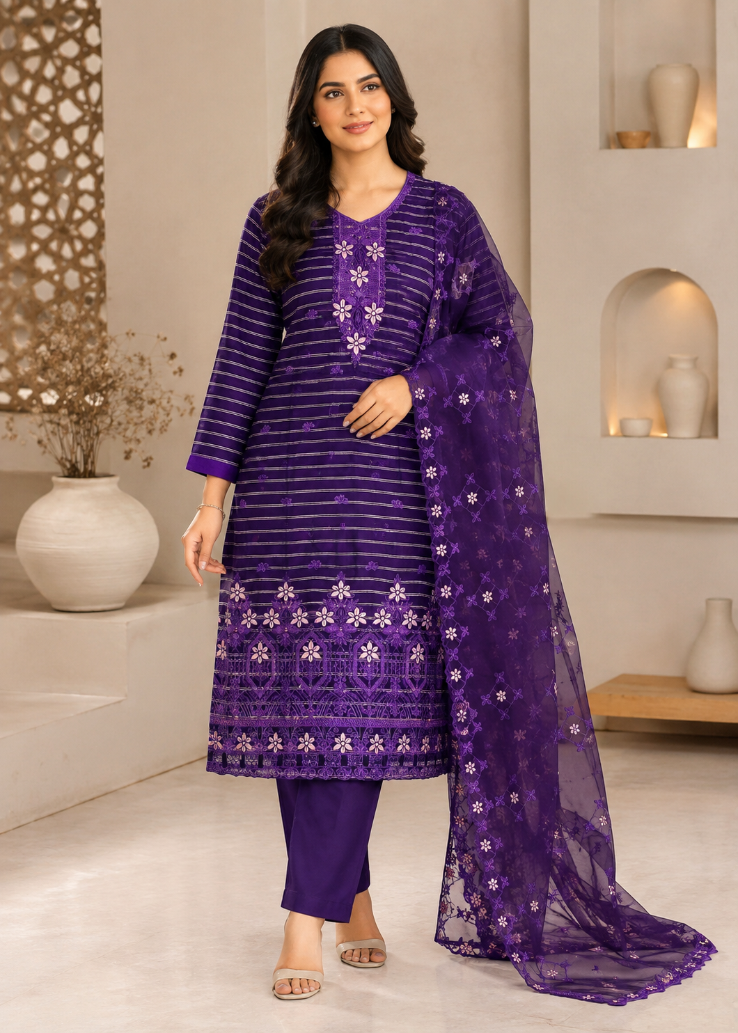linen jacquard Kurta Set in Purple heart