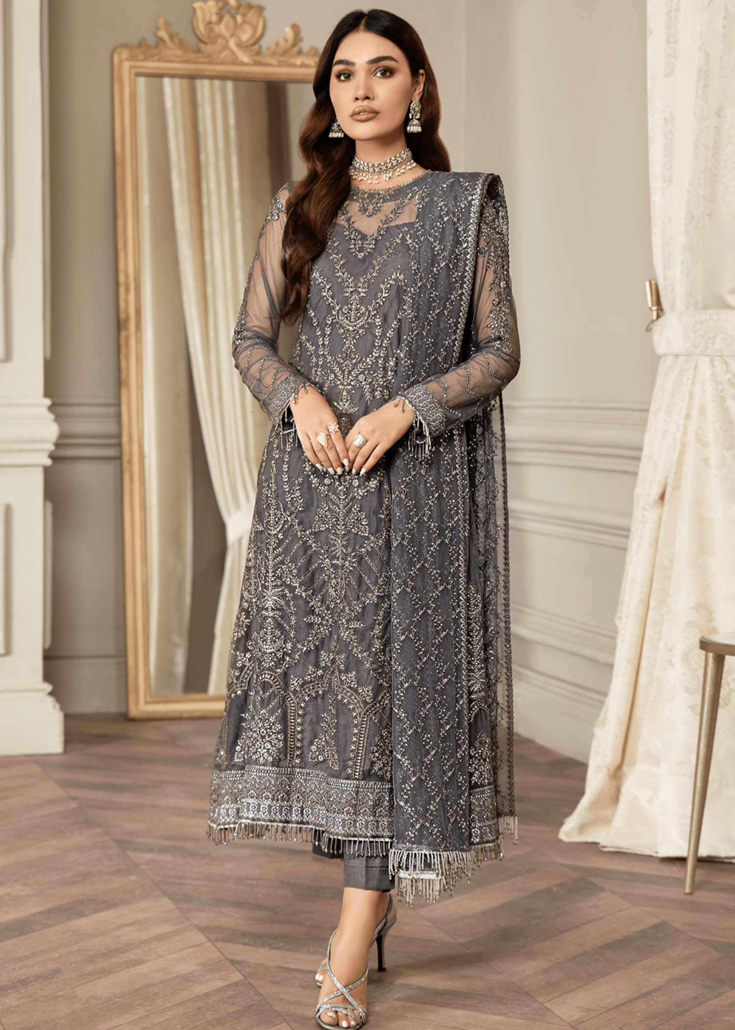 net Kurta Set in Zinc grey