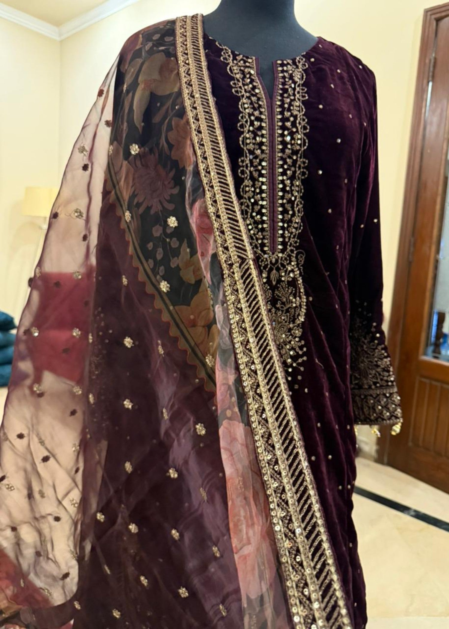 velvet Kurta Set in Plum