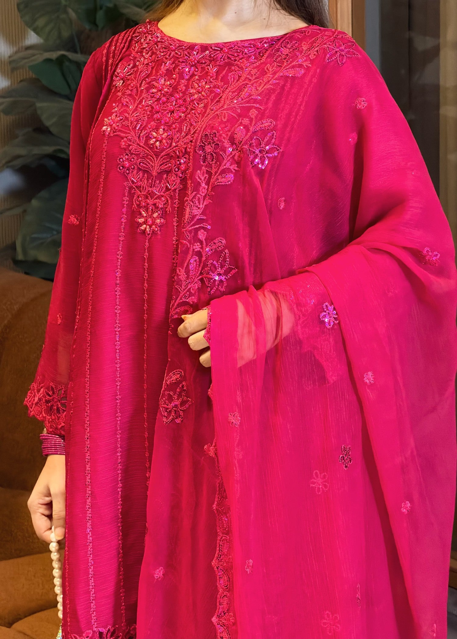 chiffon Short Frock in Hot pink
