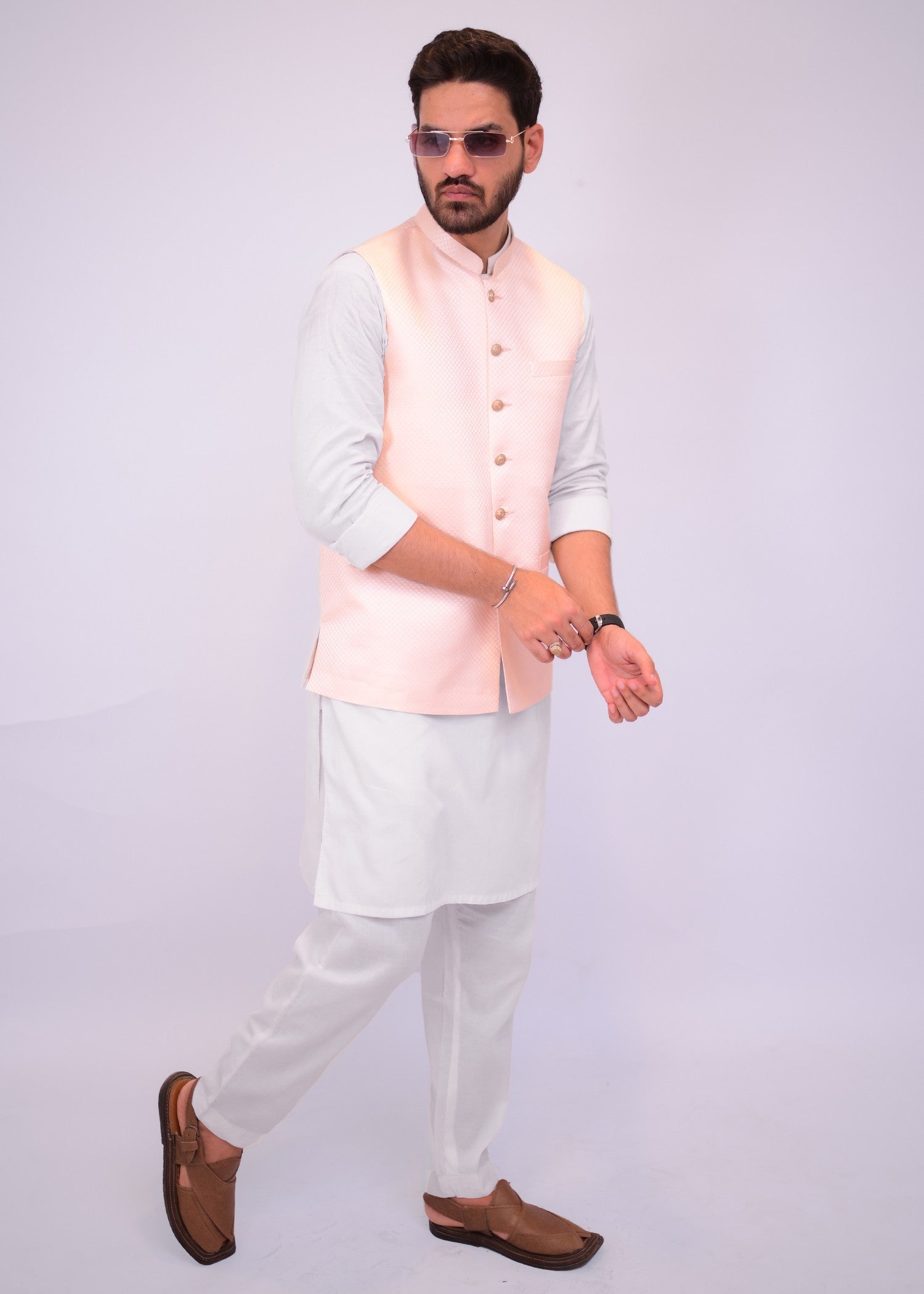 jamawar Waistcoat in Peach pink