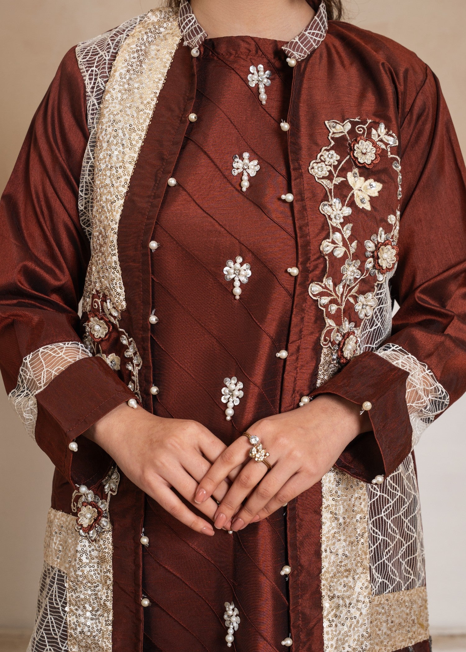 korean raw silk Gown in Brown