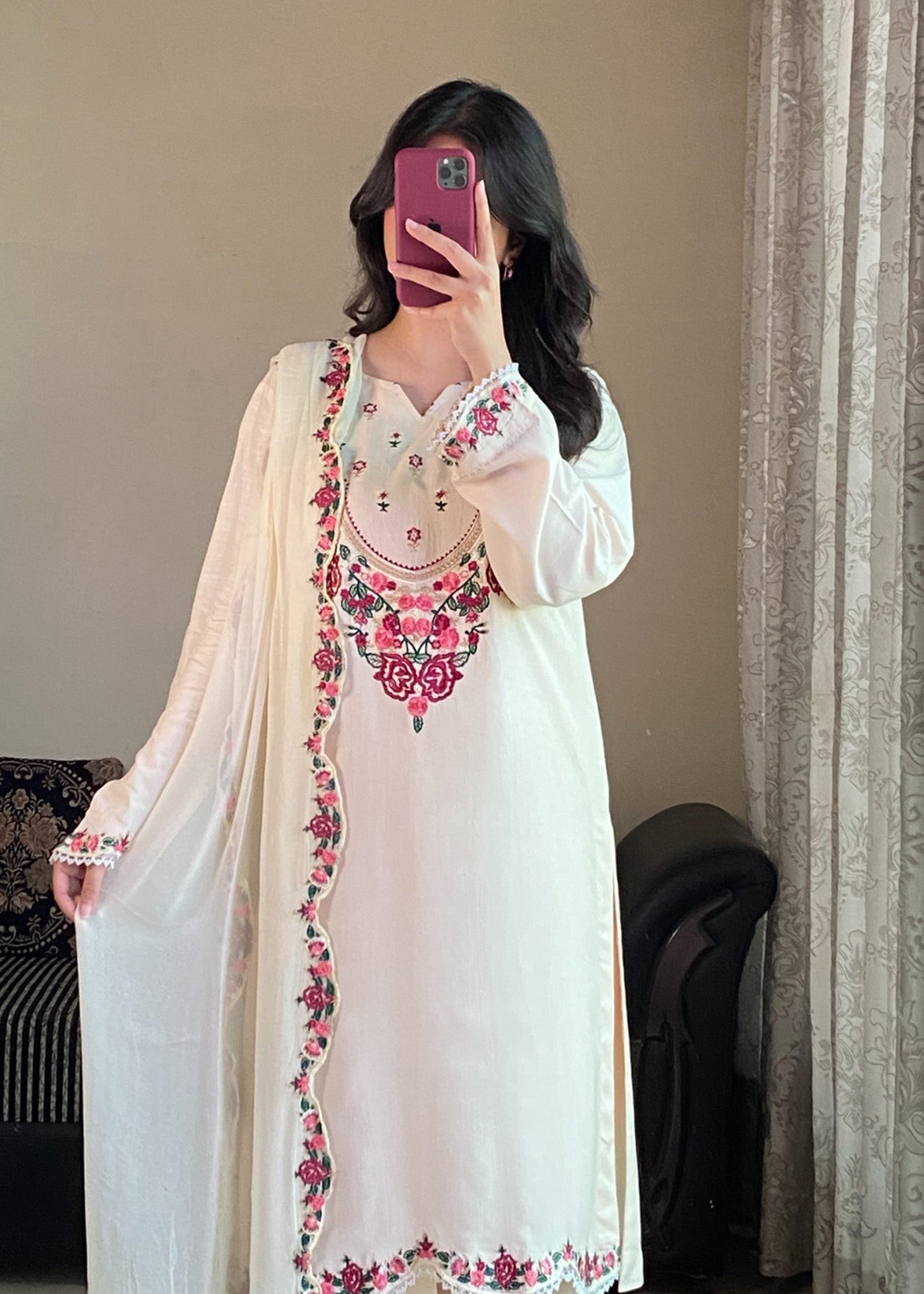 viscose raw silk Kurta Set in Off-white, cream