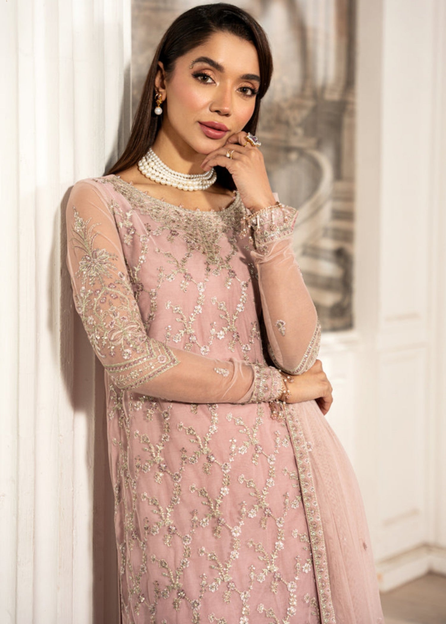 net Kurta Set in Pink