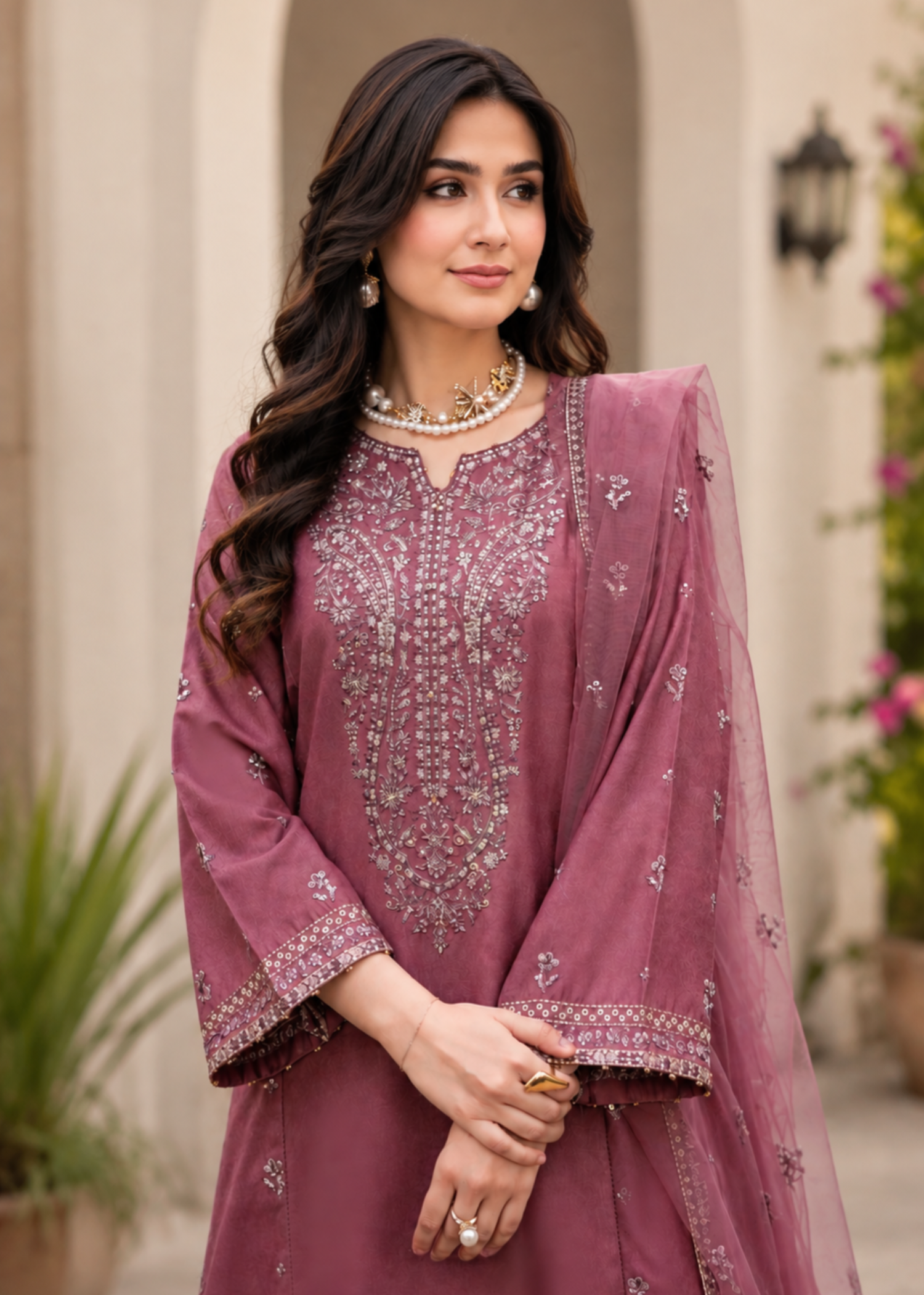 linen Kurta Set in Hot pink red