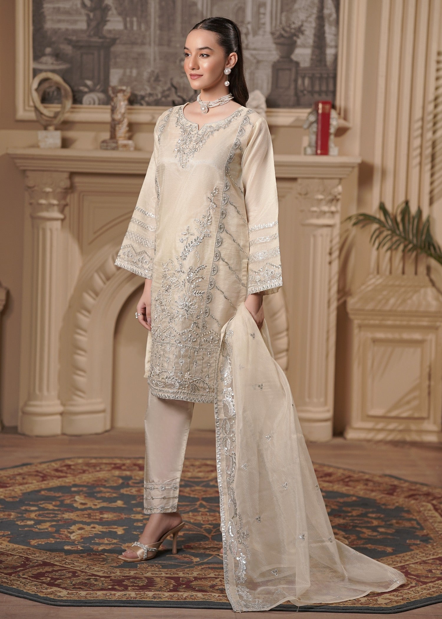 organza Kurta Set in Beige