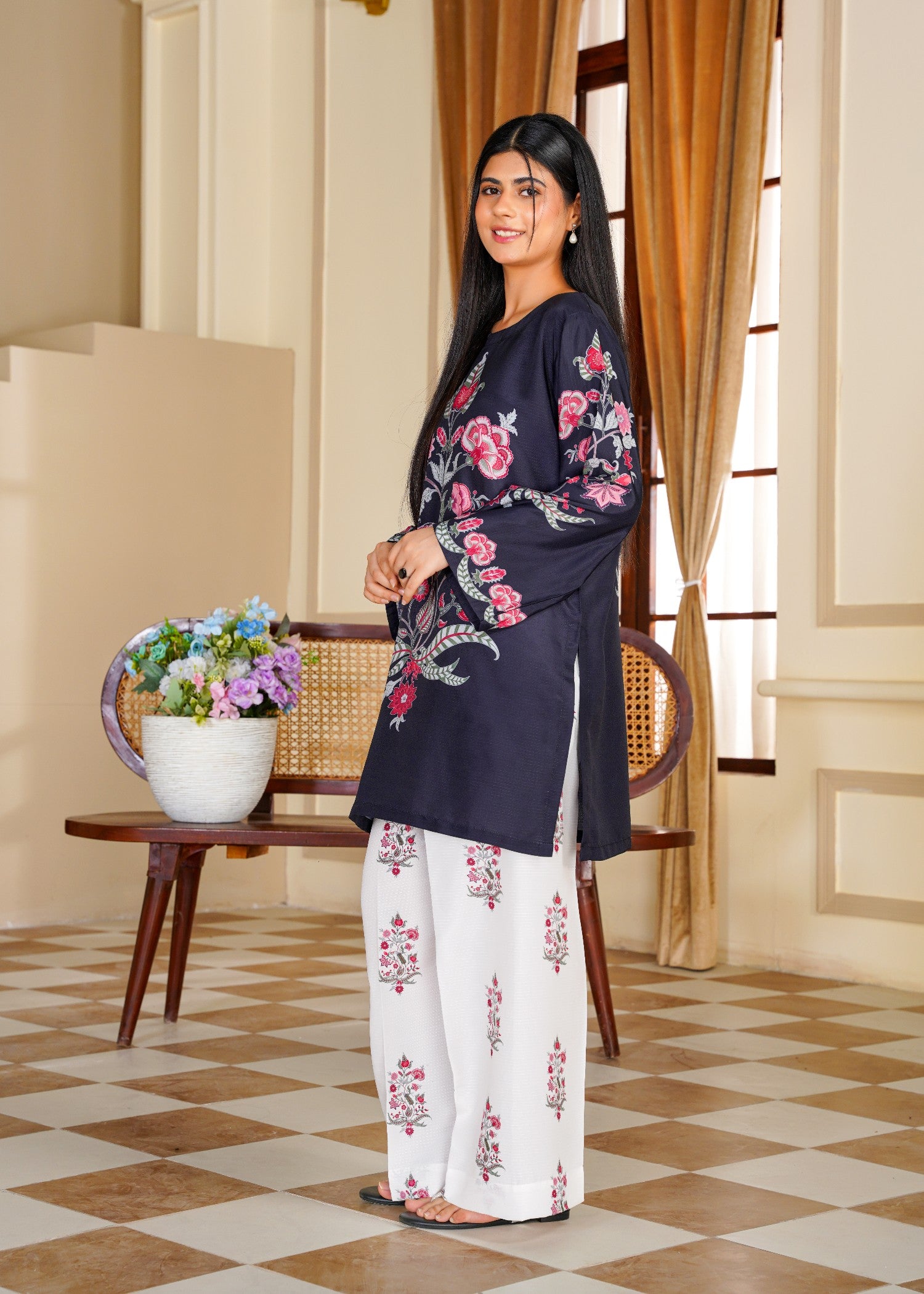 slub cambric Kurta Set in White